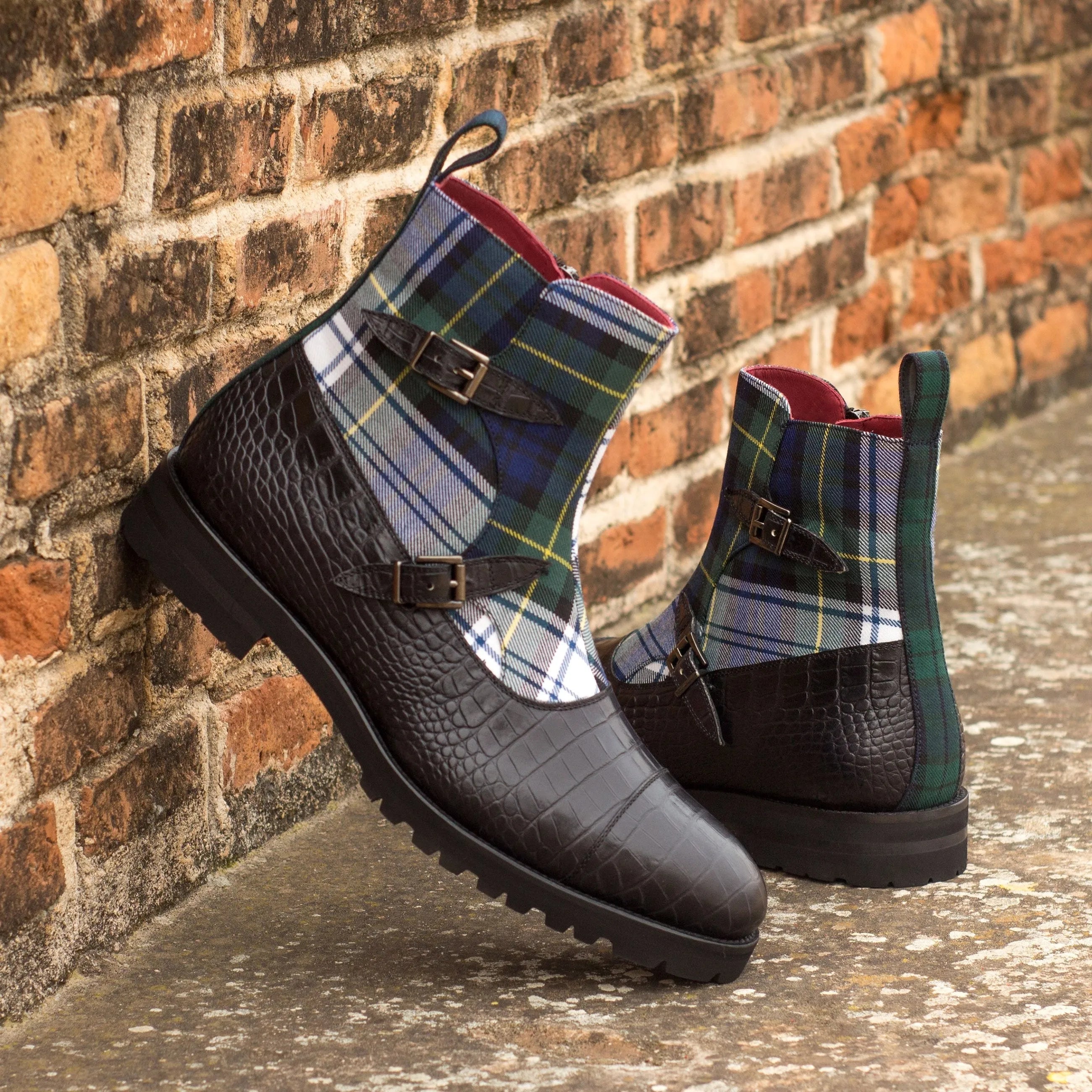 Black and plaid buckled Dakehl Octavian Boots showcasing stylish design and comfort