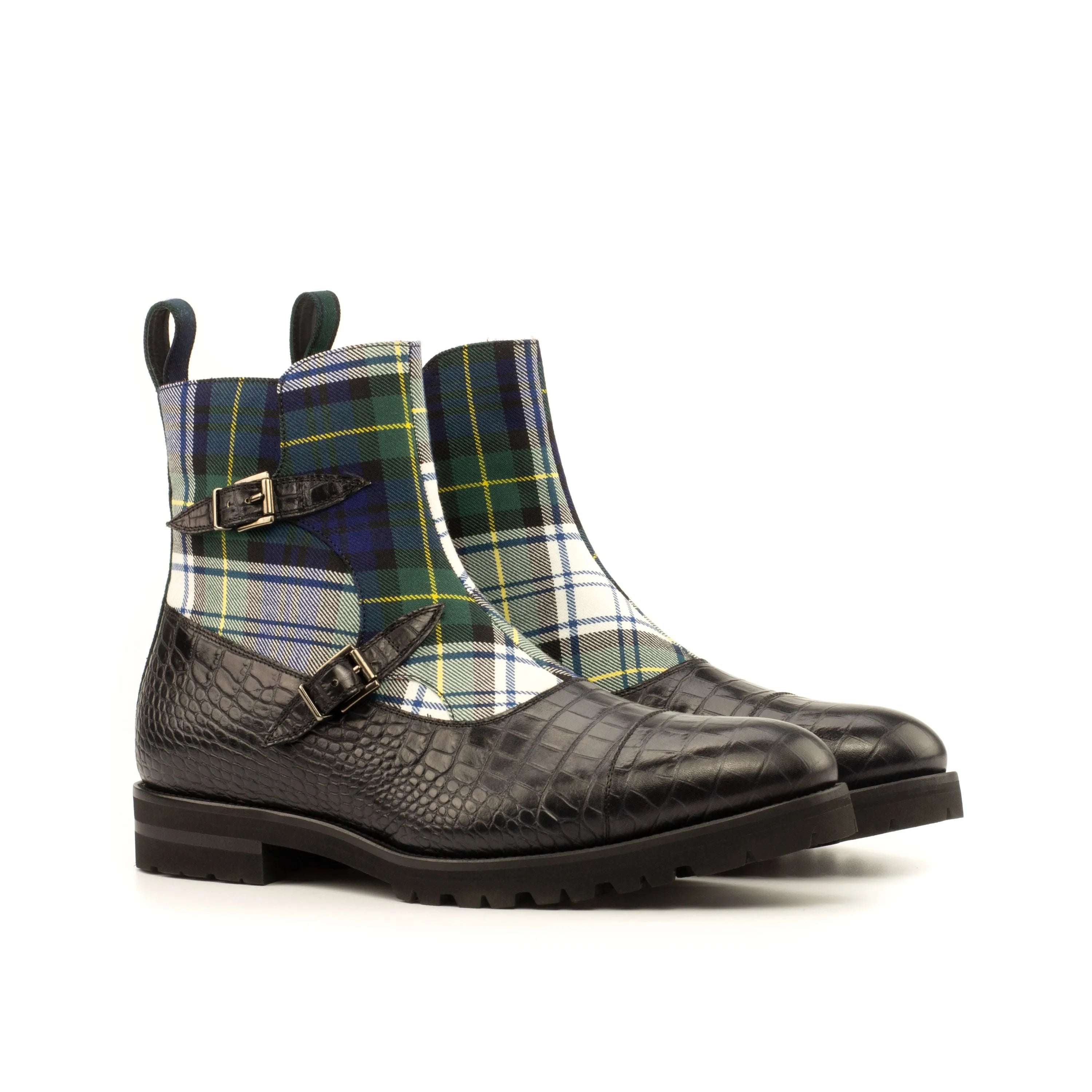 Tartan and leather buckle Dakehl Octavian Boots showcasing unique style and design