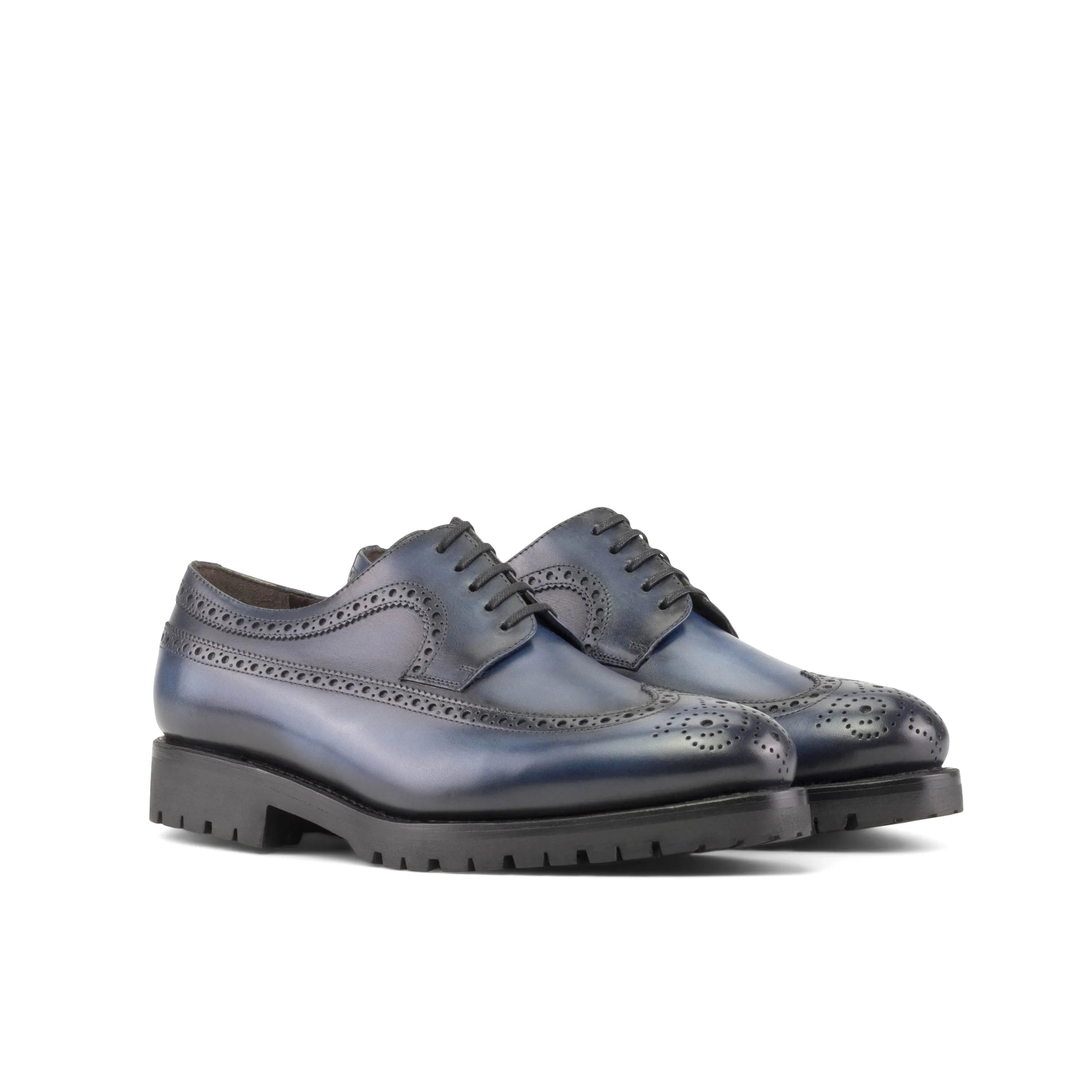 Blue leather Dario Longwing Blucher shoes featuring classic brogue detailing