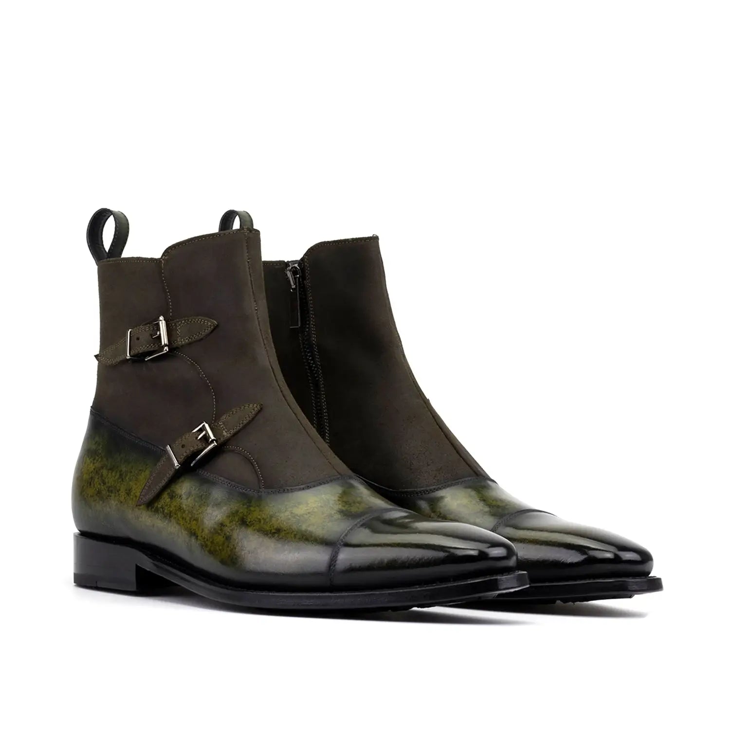 Dark olive Smyrna Octavian patina boots with glossy green gradient and silver buckles