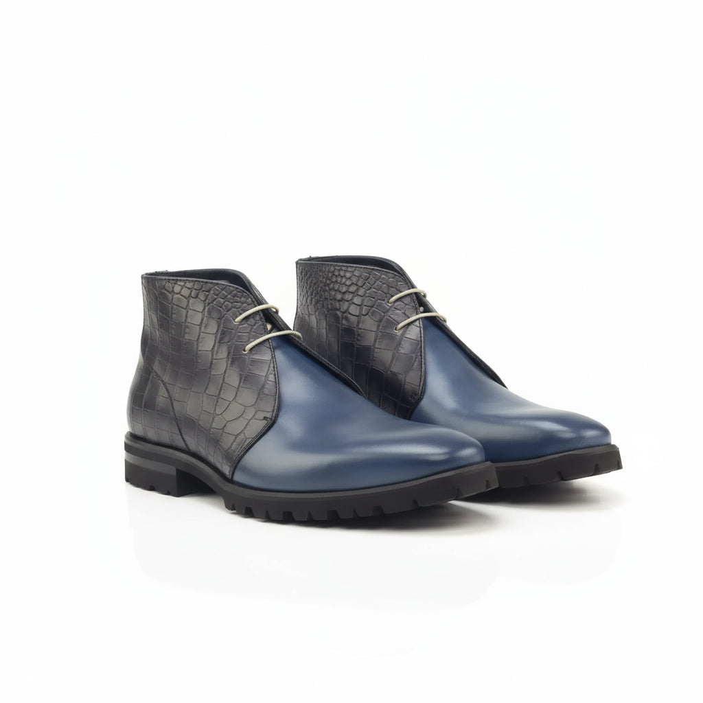 Two-tone leather David Monti Chukkas showcasing exquisite patina design in footwear