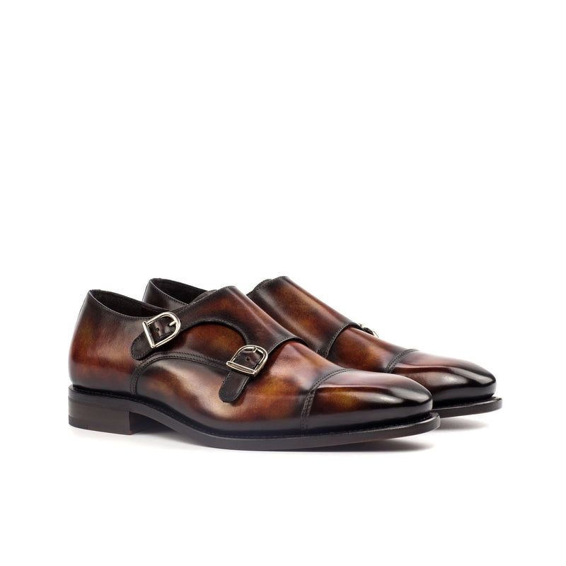 Brown leather double monk patina shoes with chisel toe from Deen Double Monk Patina Shoes II