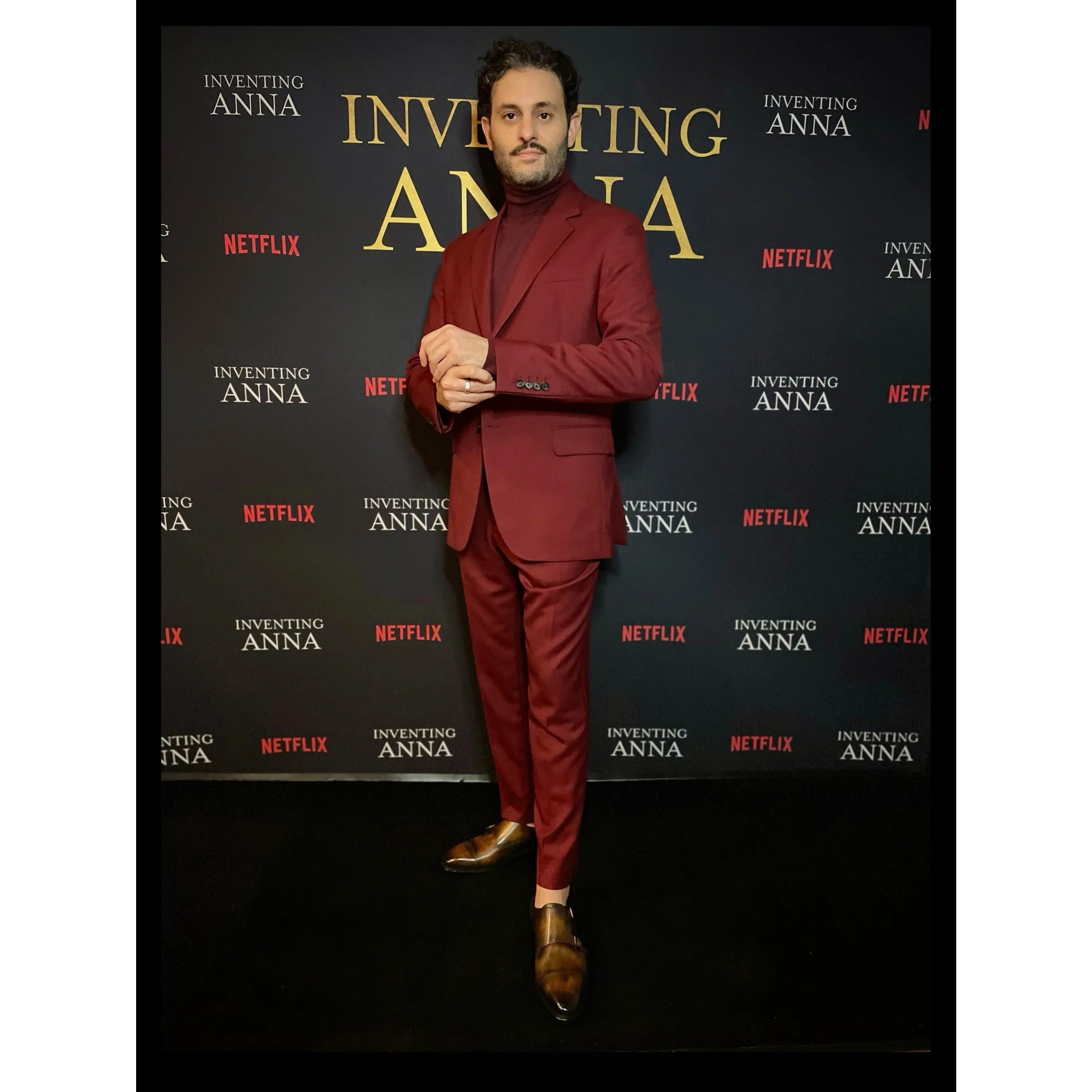 Burgundy suit with matching turtleneck paired with Double Monk Patina Shoes II