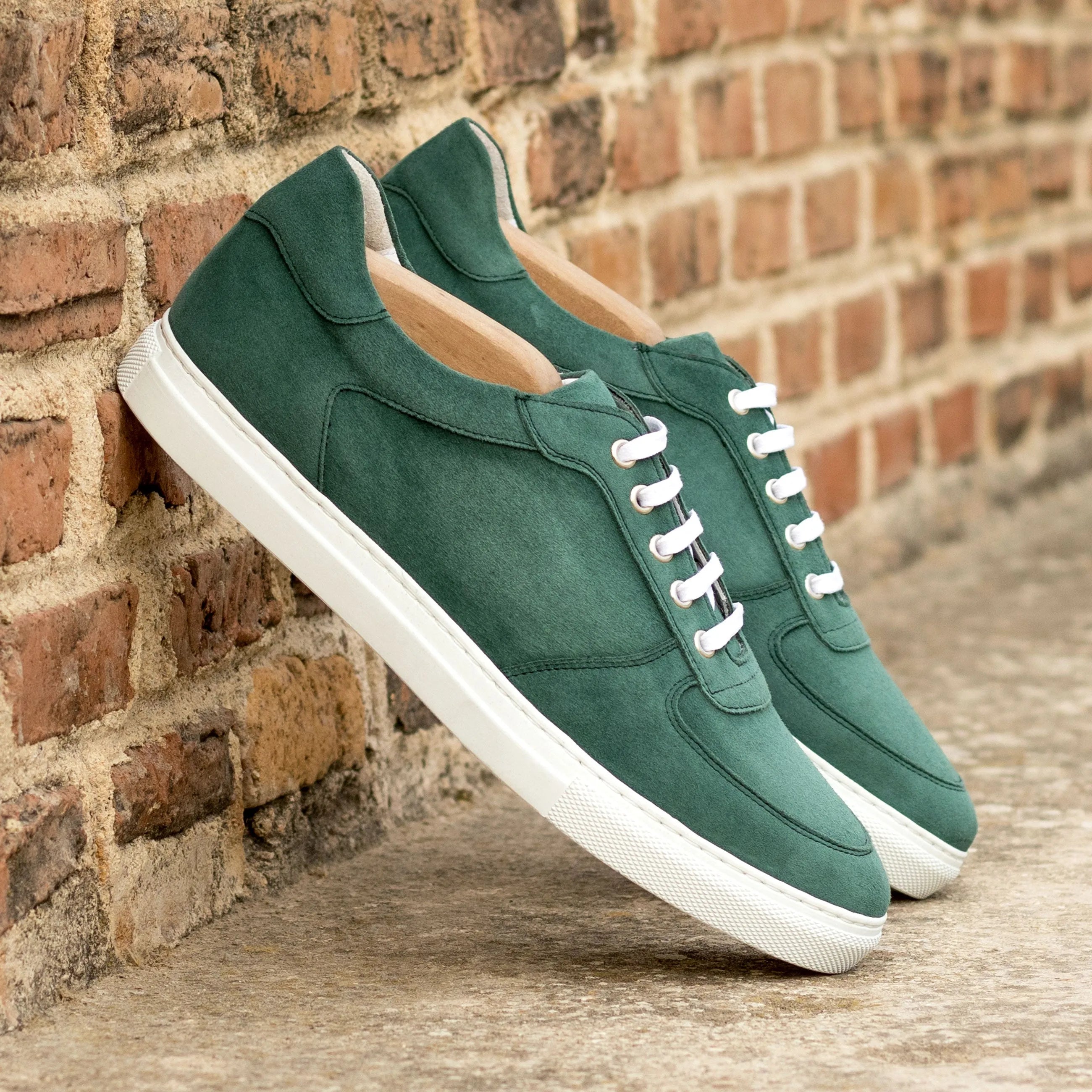 Green suede Demion Low Top Sneakers, luxury bespoke shoes for men in stylish trainer design