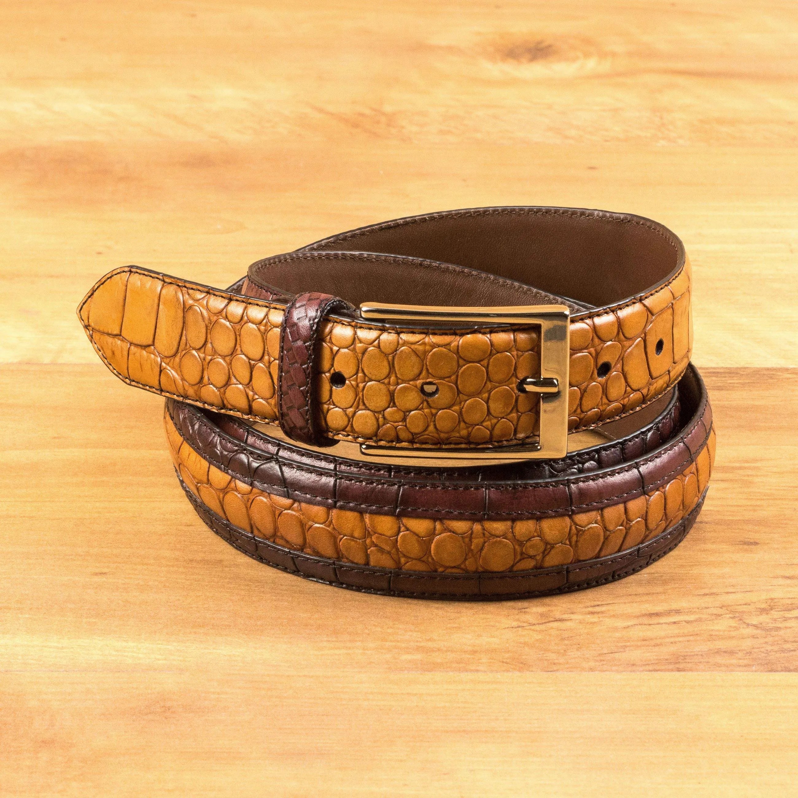 Brown and tan alligator-patterned Deon Croc Venice Belt for stylish accessory needs