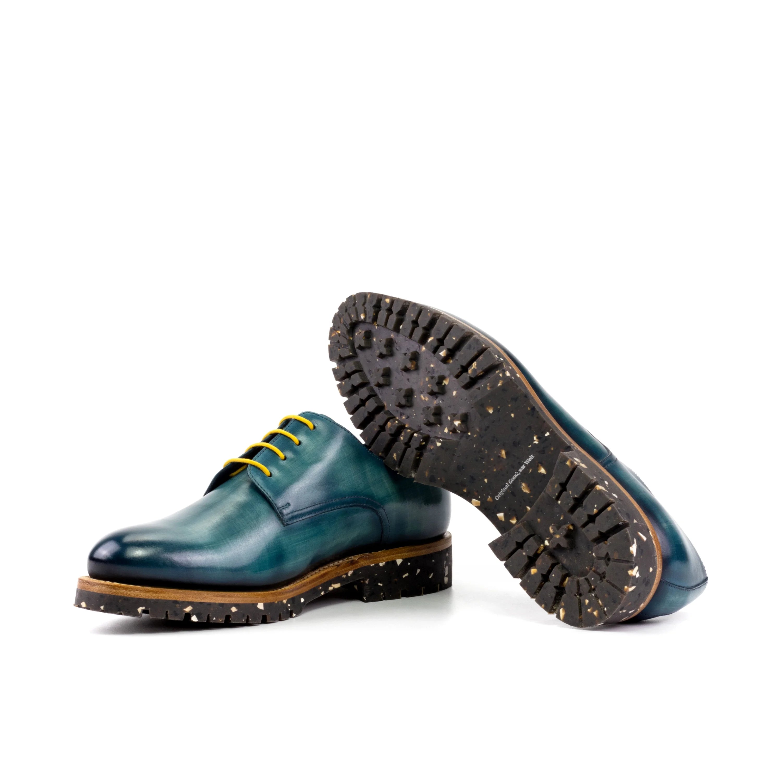 Bristol Patina Derby II: teal and brown calf leather oxfords with open lacing and yellow laces