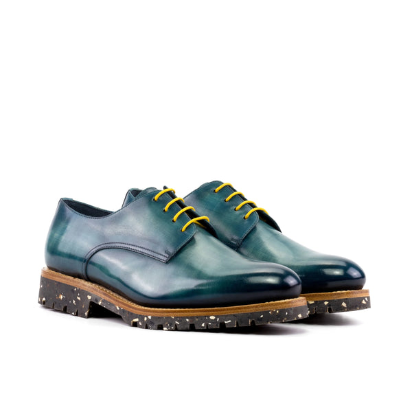 Green and blue Bristol patina derby shoes in calf leather with yellow laces