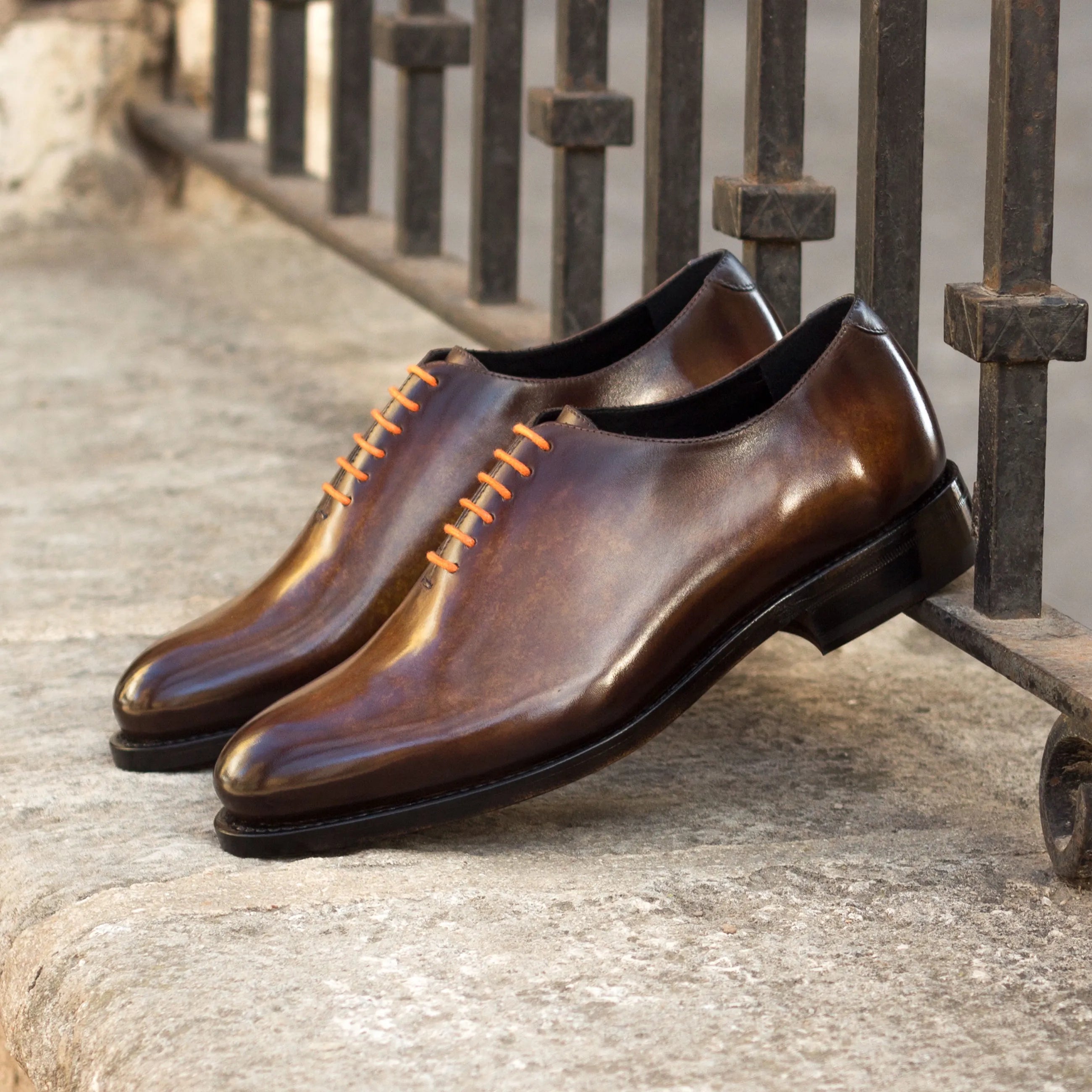 Brown leather Dillinger whole cut Patina shoes with orange laces, luxury bespoke shoes for men