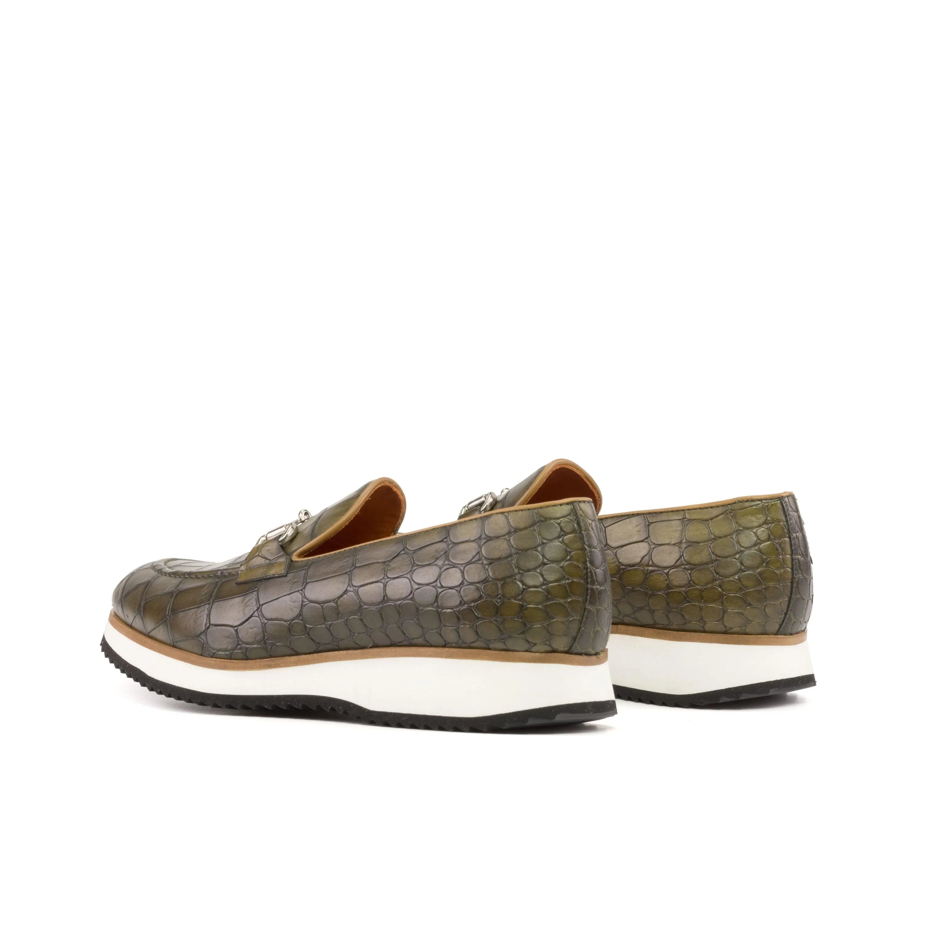 Olive-green crocodile-patterned Dimitry Loafers, luxury bespoke shoes for men