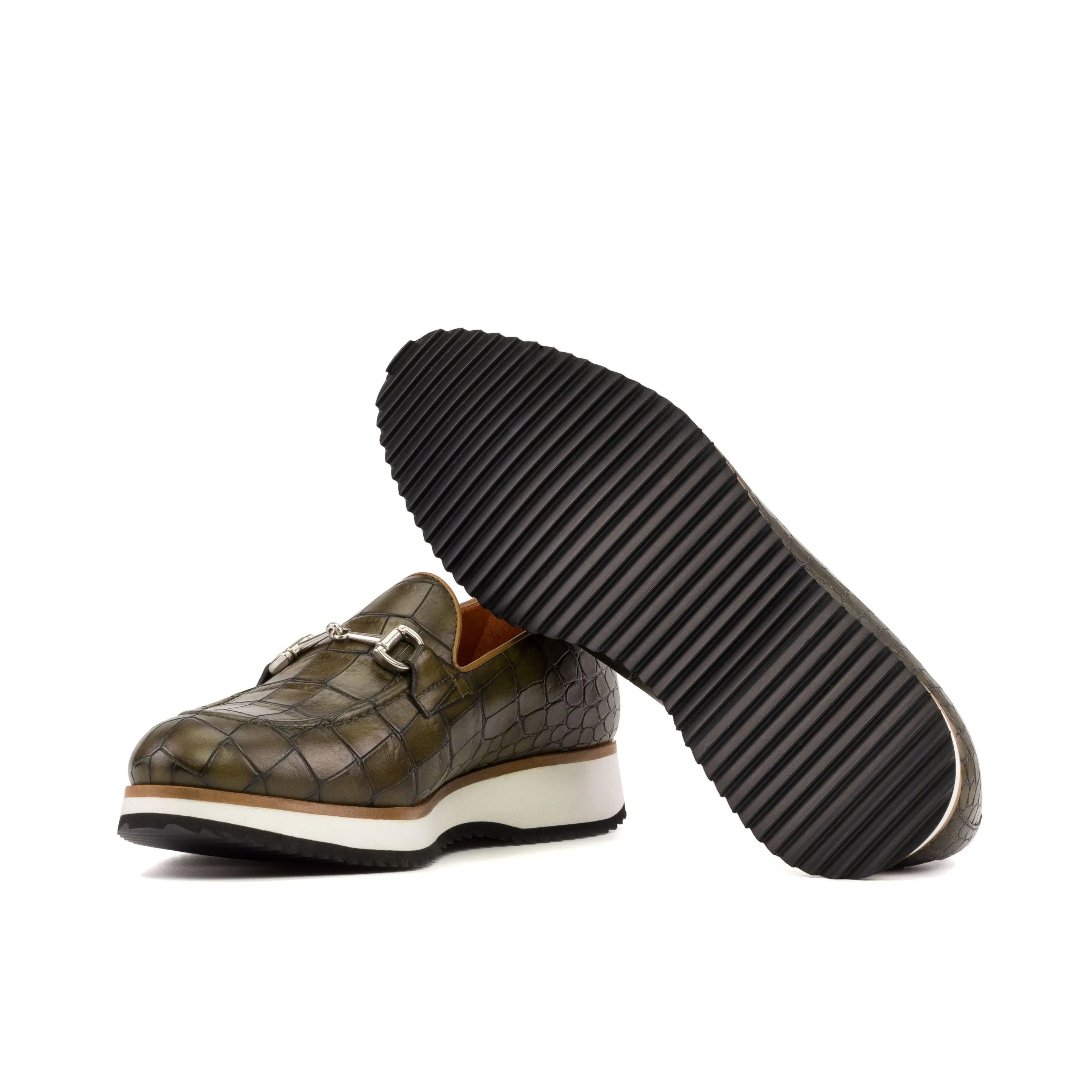 Olive green crocodile-patterned Dimitry Loafers with a black ridged sole for luxury footwear