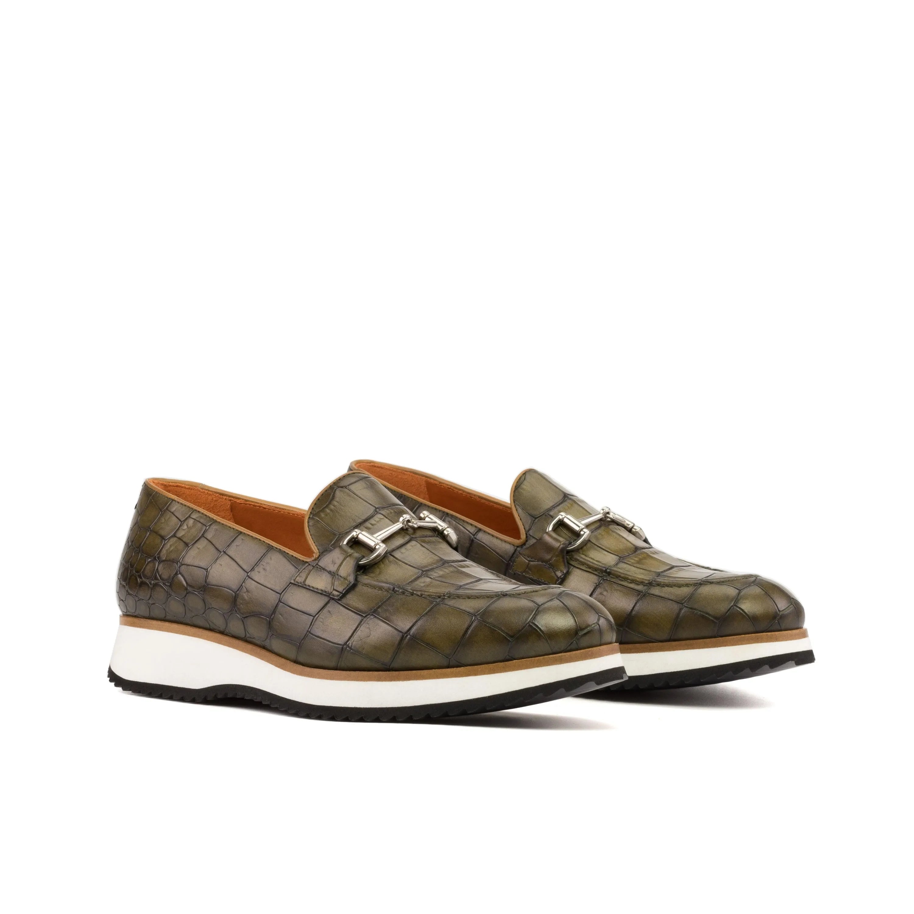 Olive green leather Dimitry Loafers, a stylish choice in luxury bespoke shoes for men