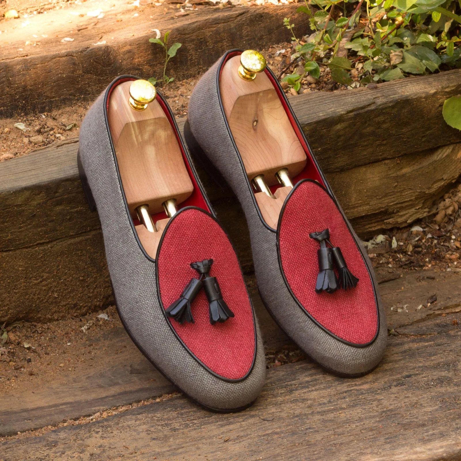 Gray and red tassel loafers from the Dirko Belgian Slipper collection