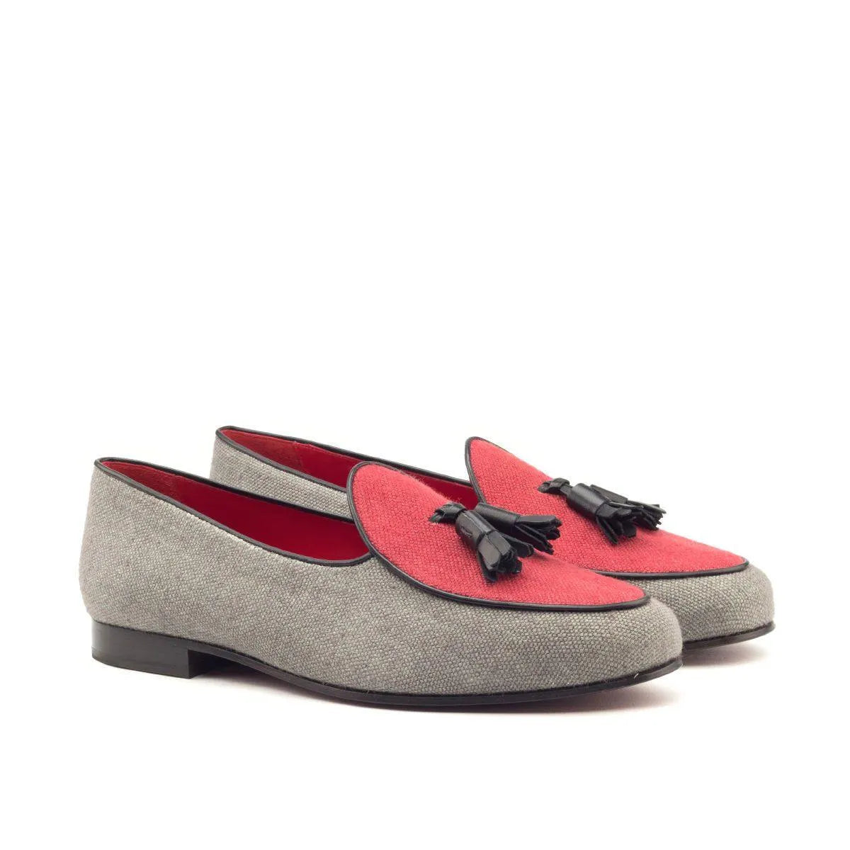 Gray and red tassel loafers featured in Dirko Belgian Slipper product display