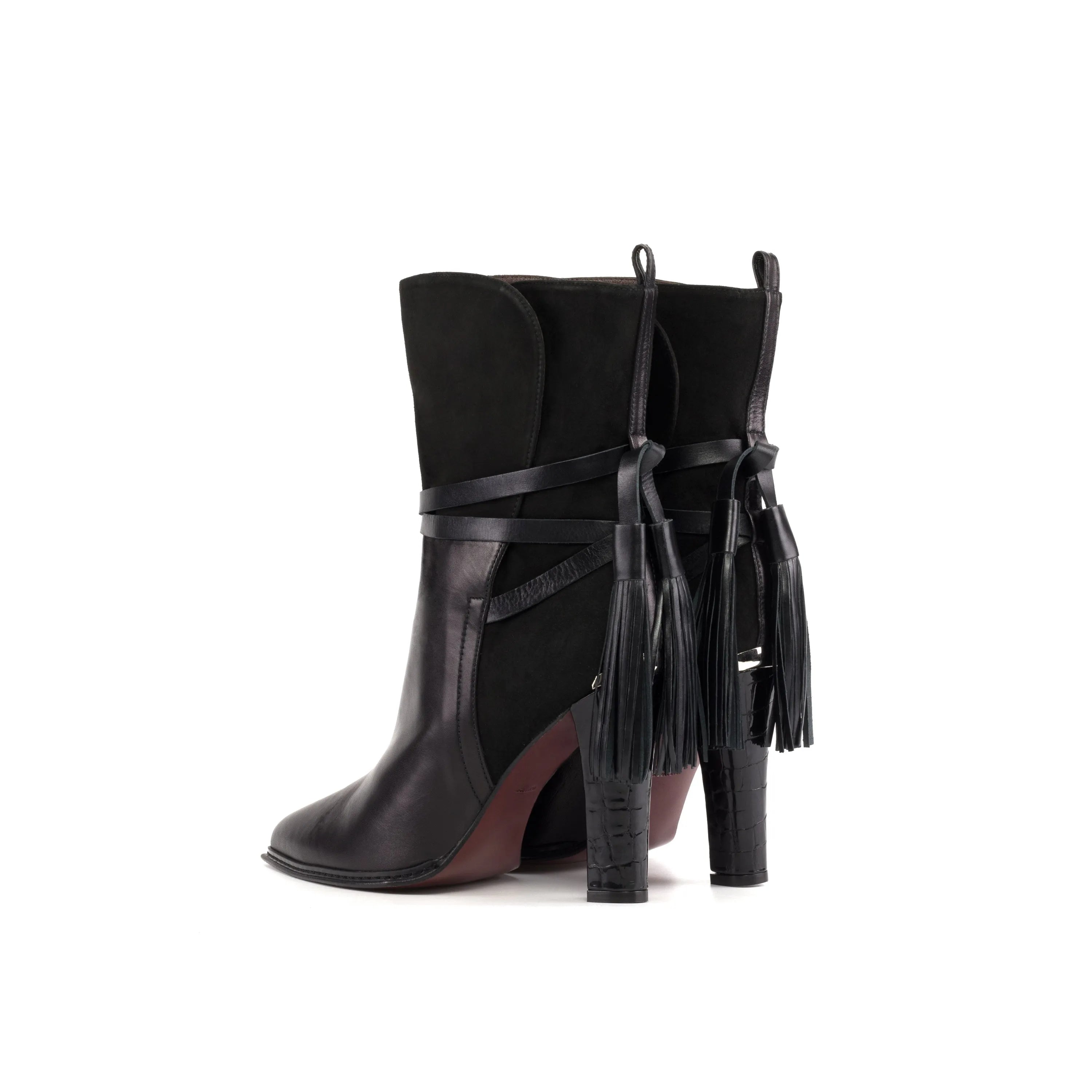 Black leather and suede Donna Lyon High Heel Booties II with stylish tassels