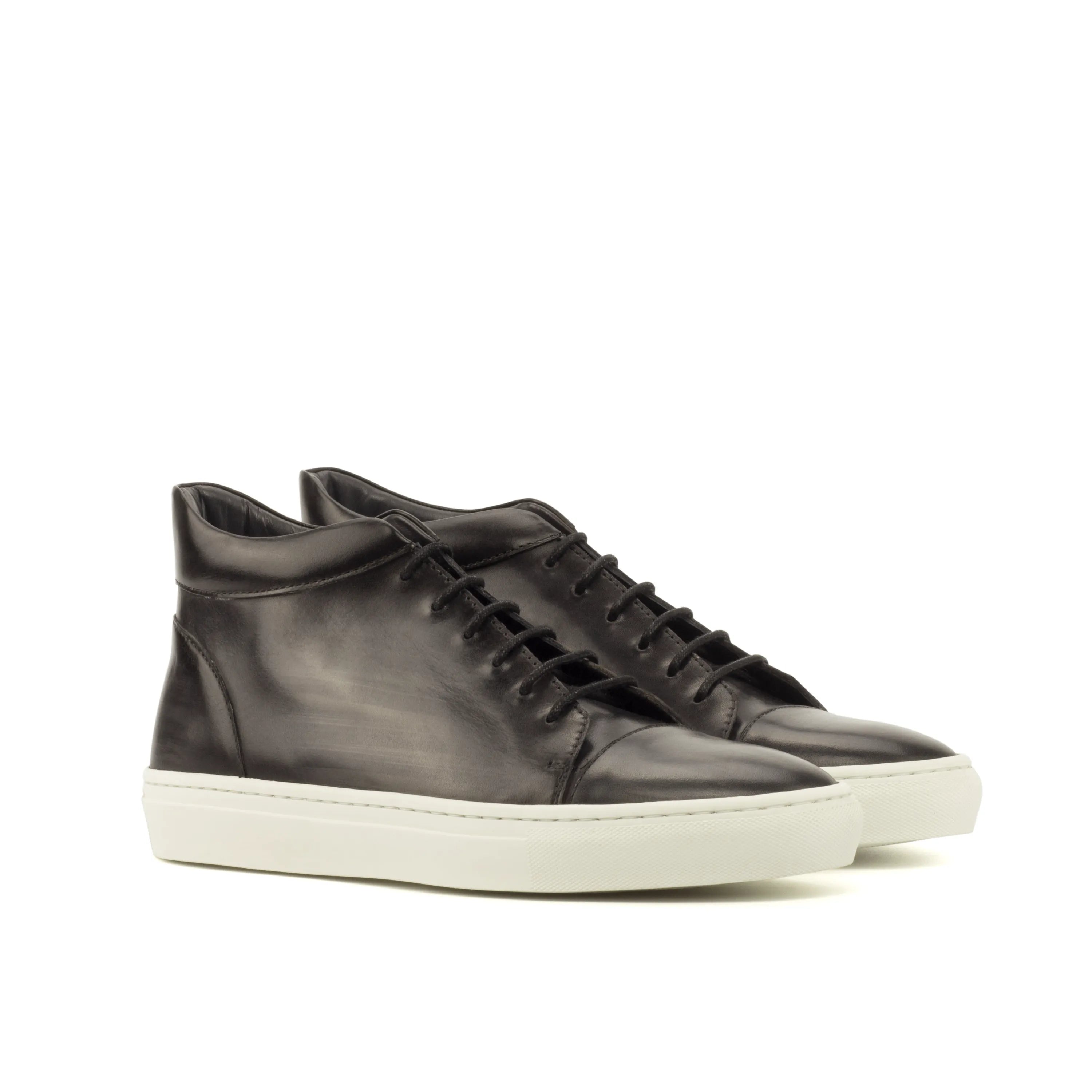Black leather high-top Donny Patina sneakers showcasing stylish design and durability