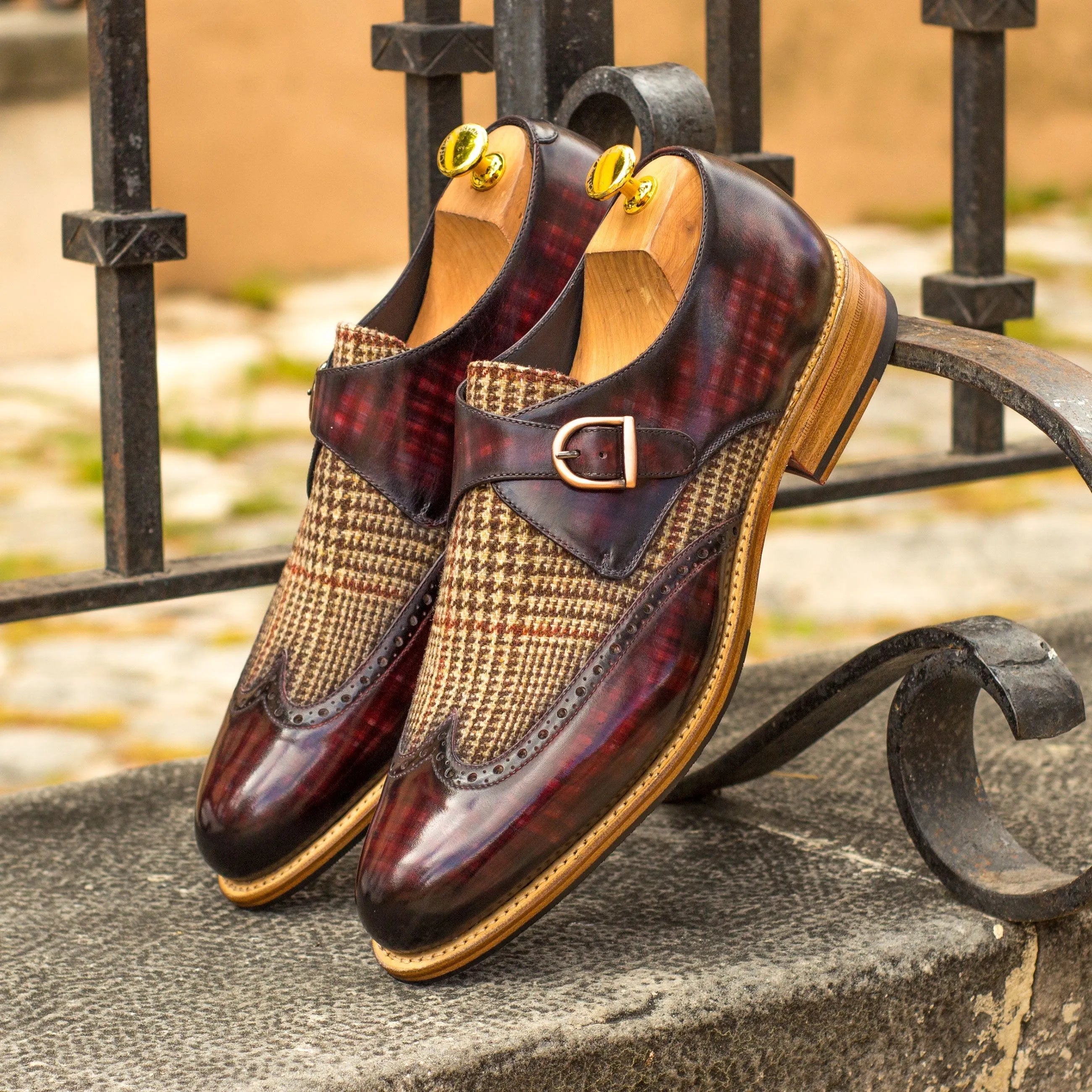 Burgundy and tweed Donny Single Monk Patina shoes showcased elegantly