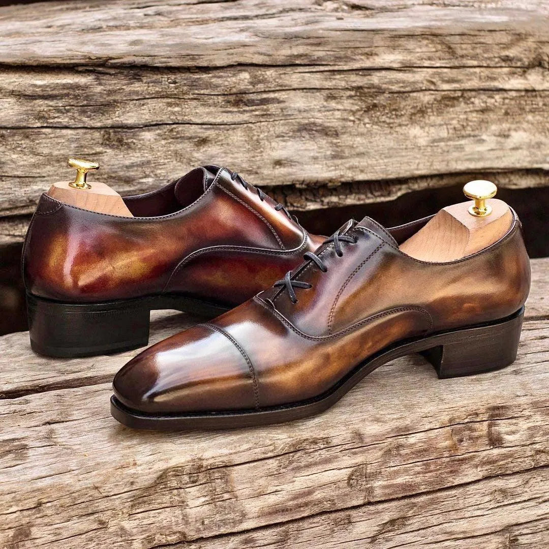 Brown leather Doublagent oxford patina shoes for stylish formal wear
