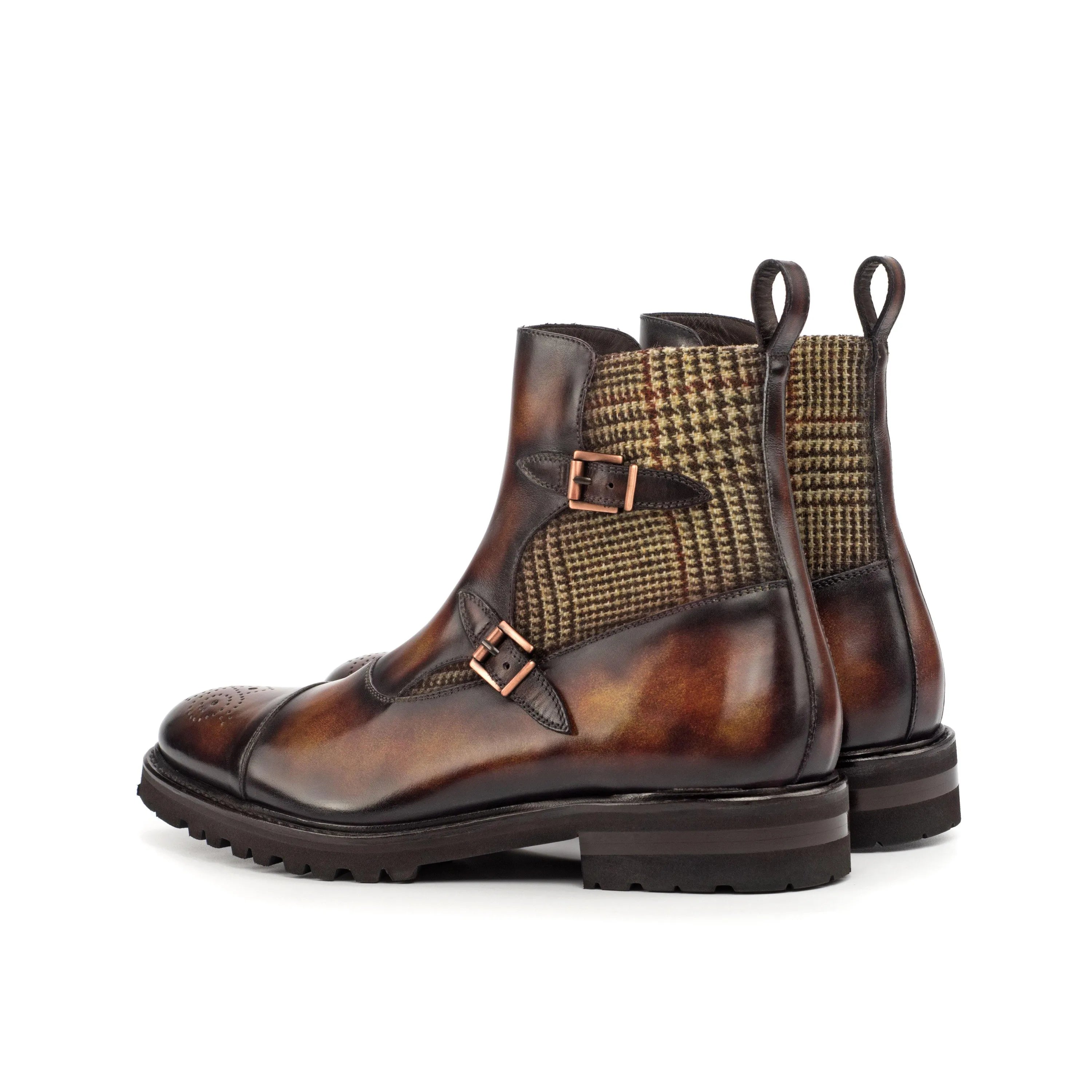 Brown leather and tweed buckle boots from Dowain Octavian Patina collection