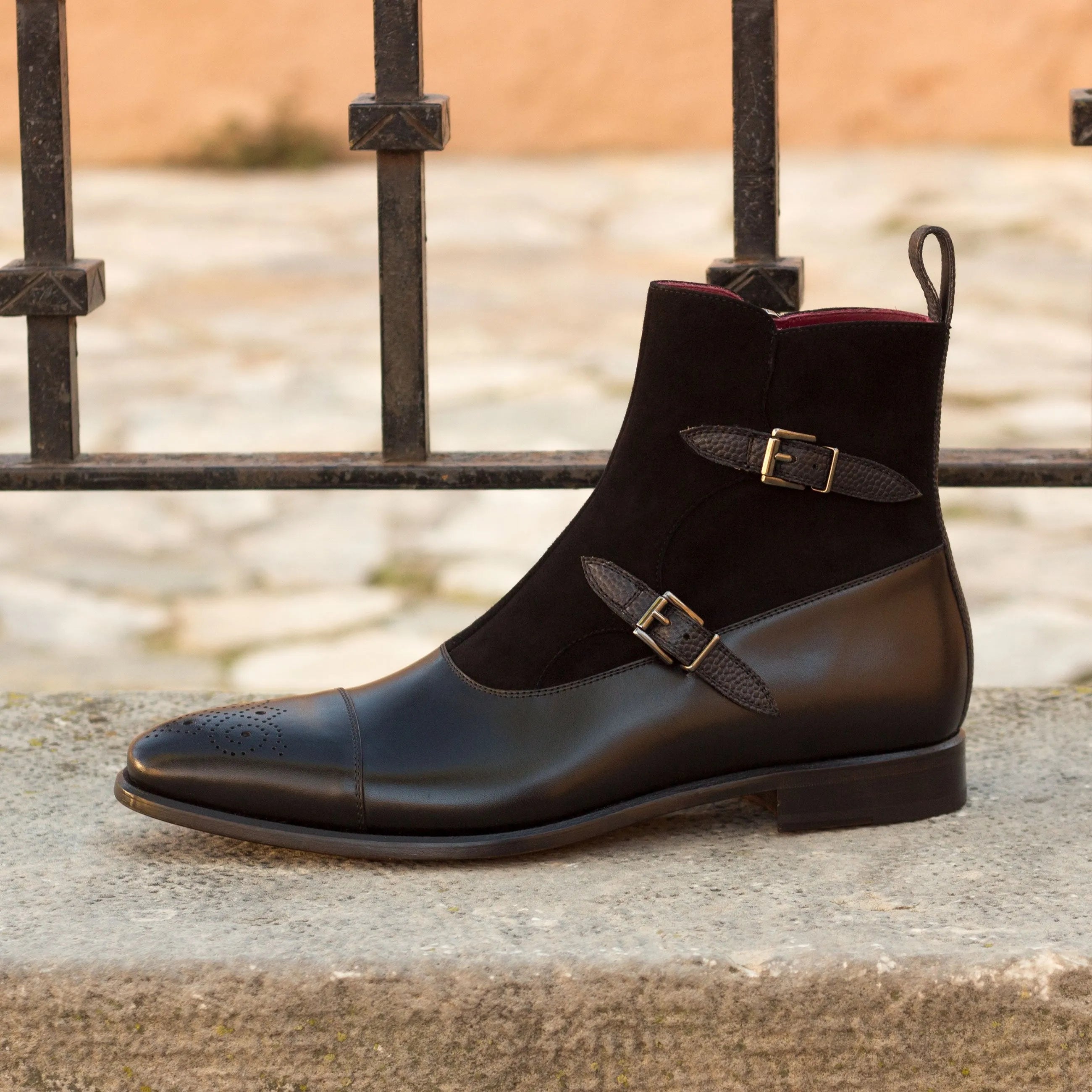 Black leather and suede monk strap Drew Octavian Boots for a stylish, modern look