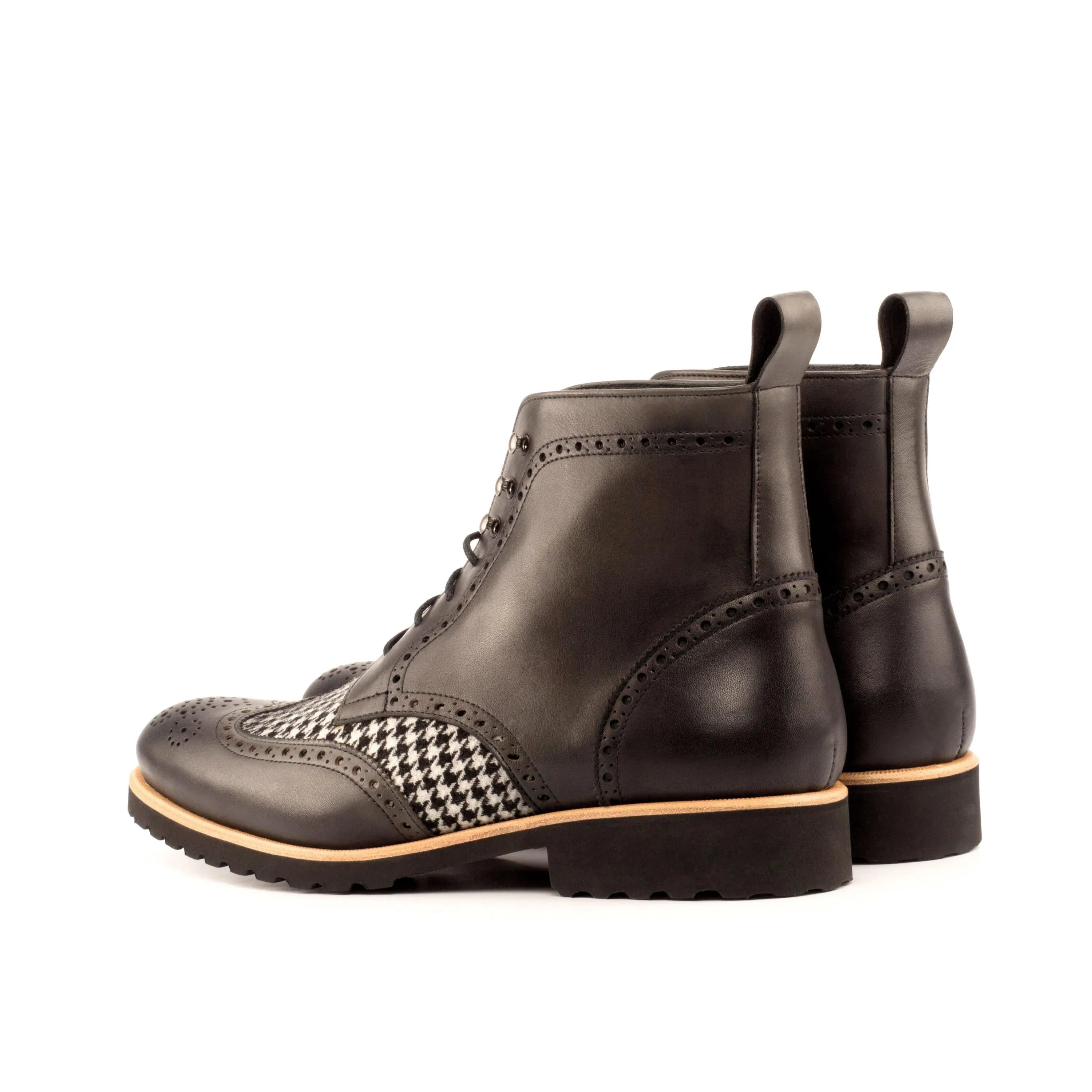 Black leather and houndstooth DT90 Military Brogue Boots showcasing a stylish design