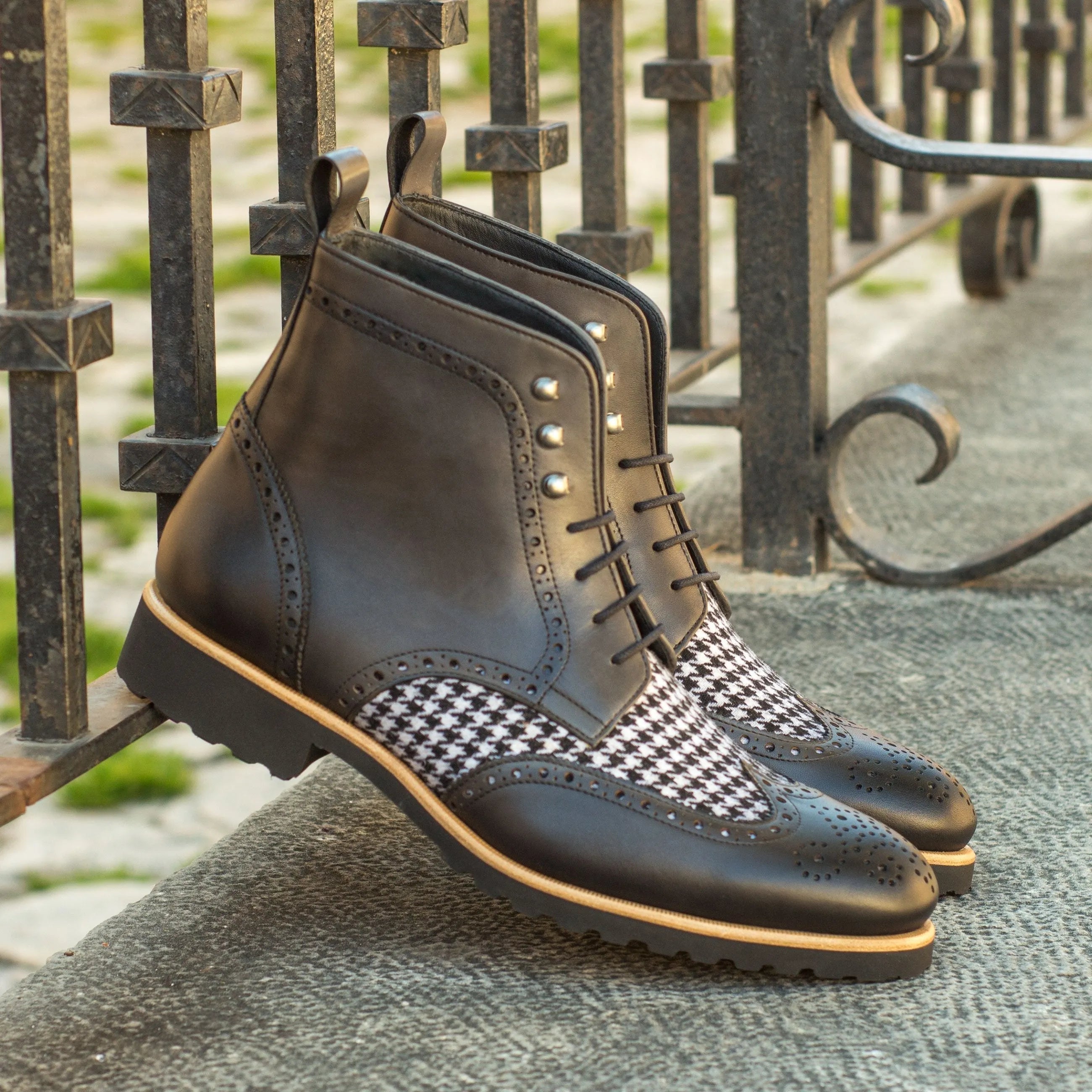 Black leather and houndstooth DT90 Military Brogue Boots for stylish versatility