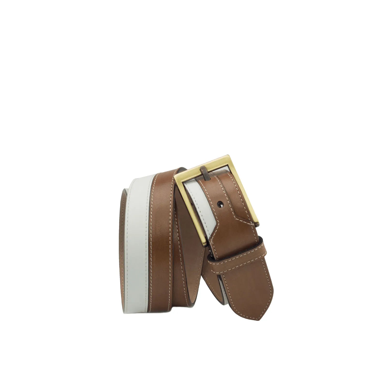 Brown and white leather Dtown Marseille Belt featuring an elegant gold buckle