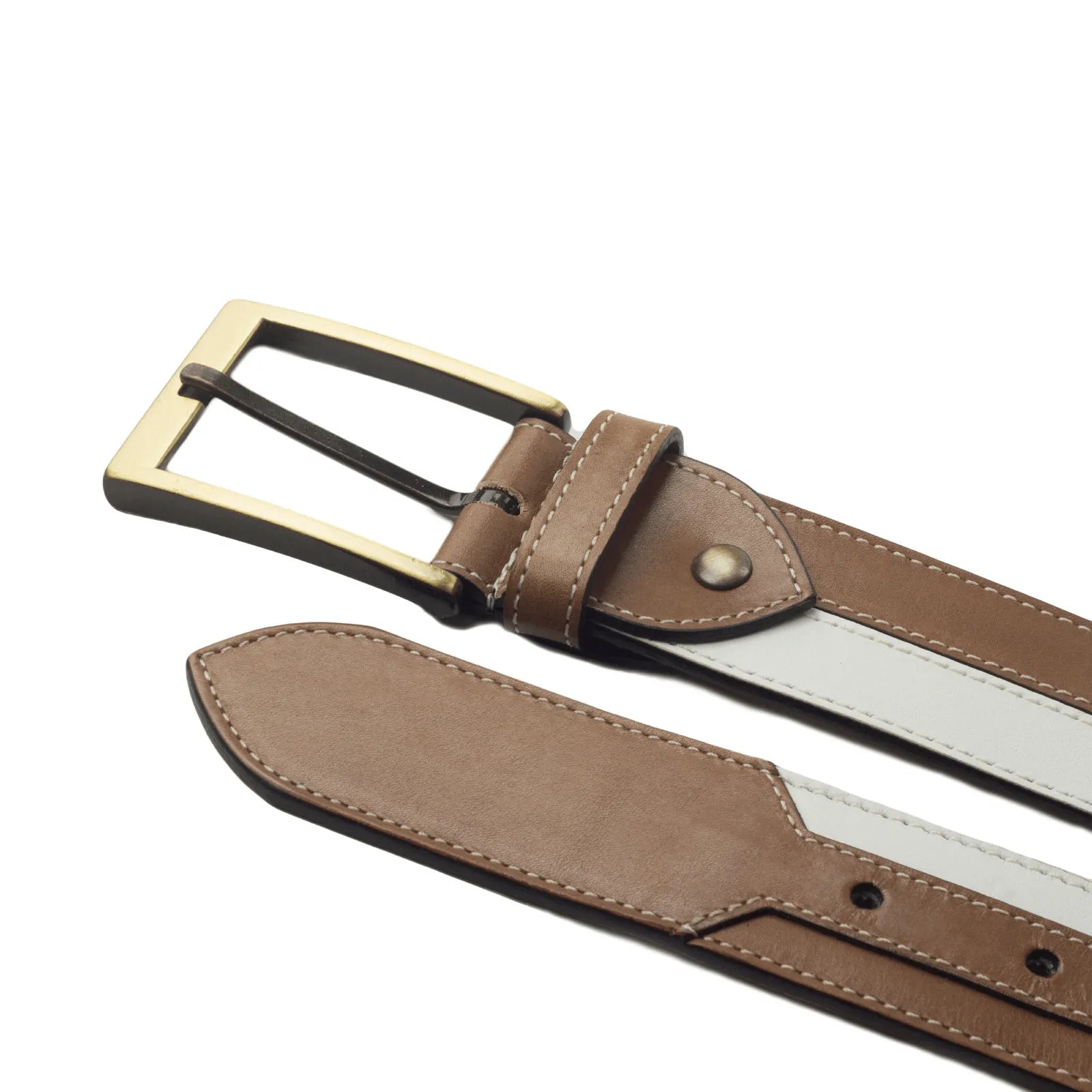 Brown and white leather Dtowm Marseille Belt with a stylish gold buckle