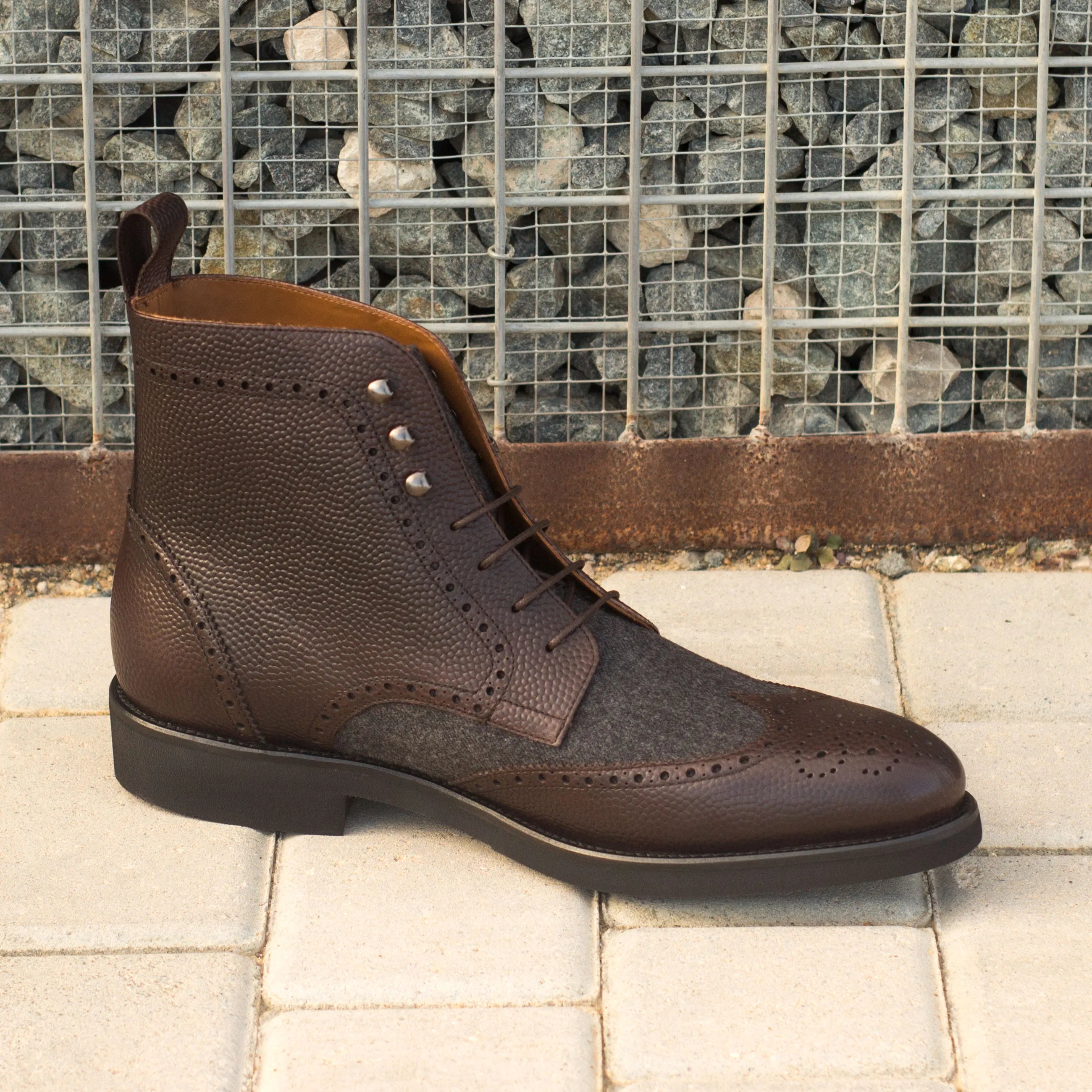 Brown leather and tweed Dubai Military Brogue Boots showcasing stylish craftsmanship