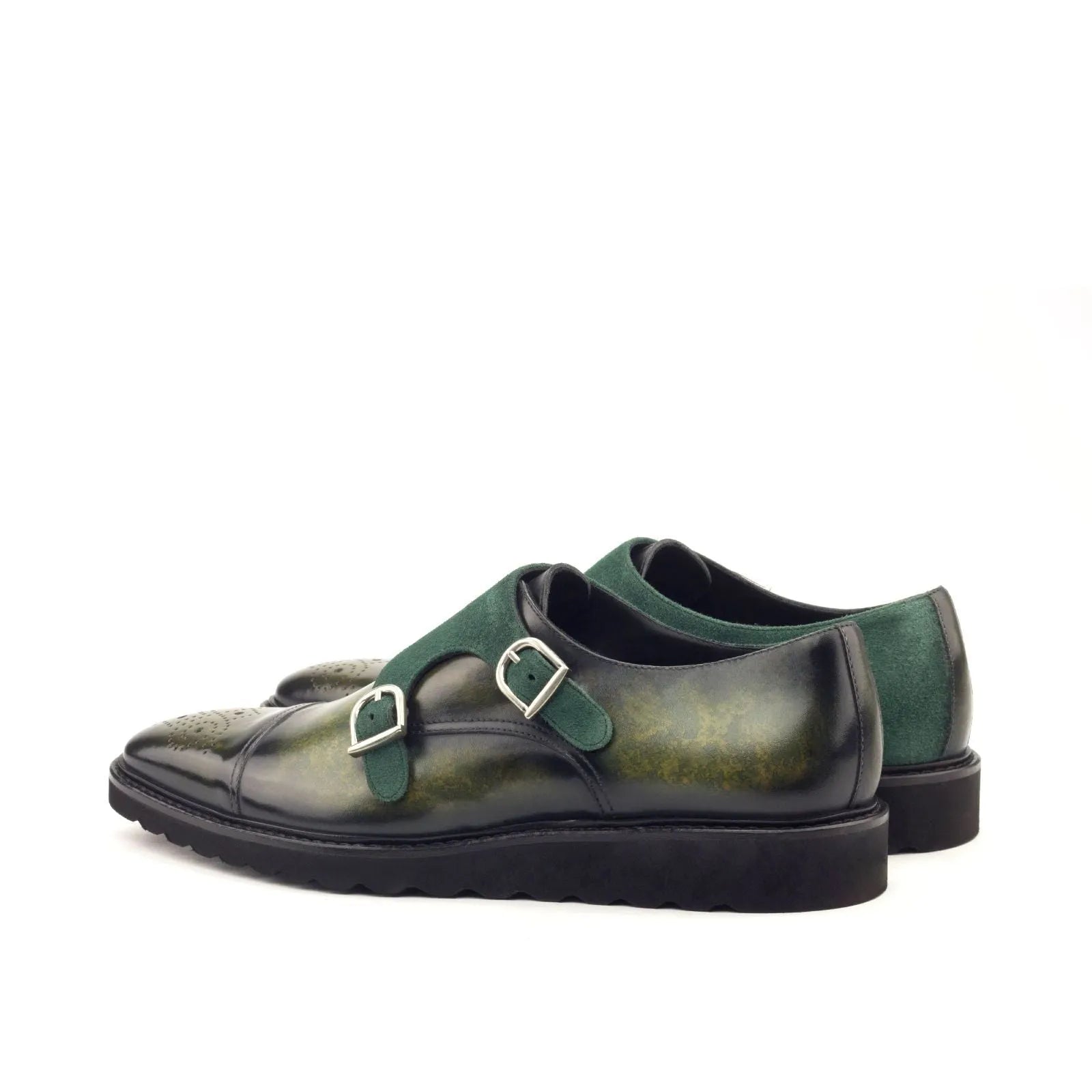 Green leather Dunstan Patina Double Monk strap shoes showcasing elegant craftsmanship