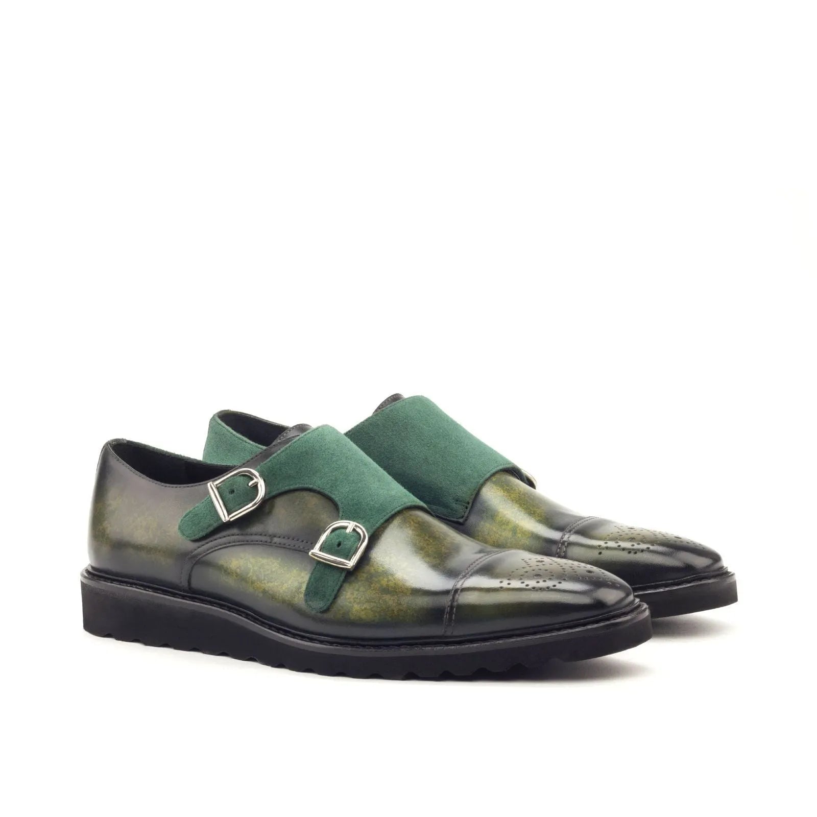 Green leather Dunstan Patina Double Monk strap shoes for elegant style and comfort