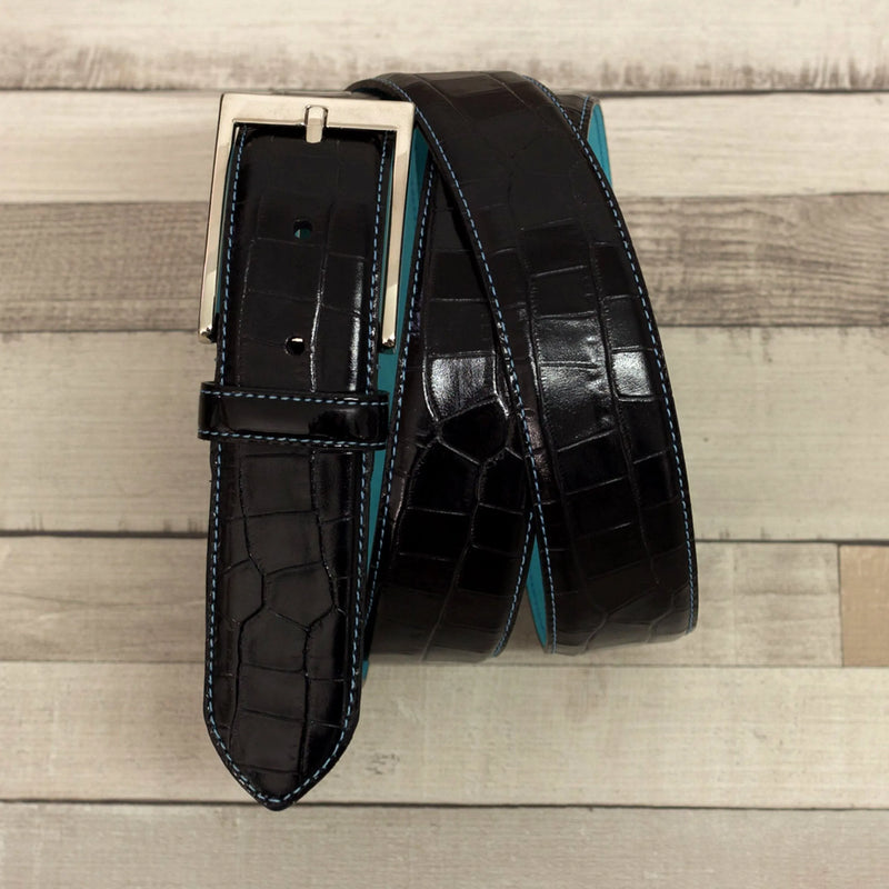 Black crocodile-patterned leather Duran Croc Hampton Belt with silver buckle