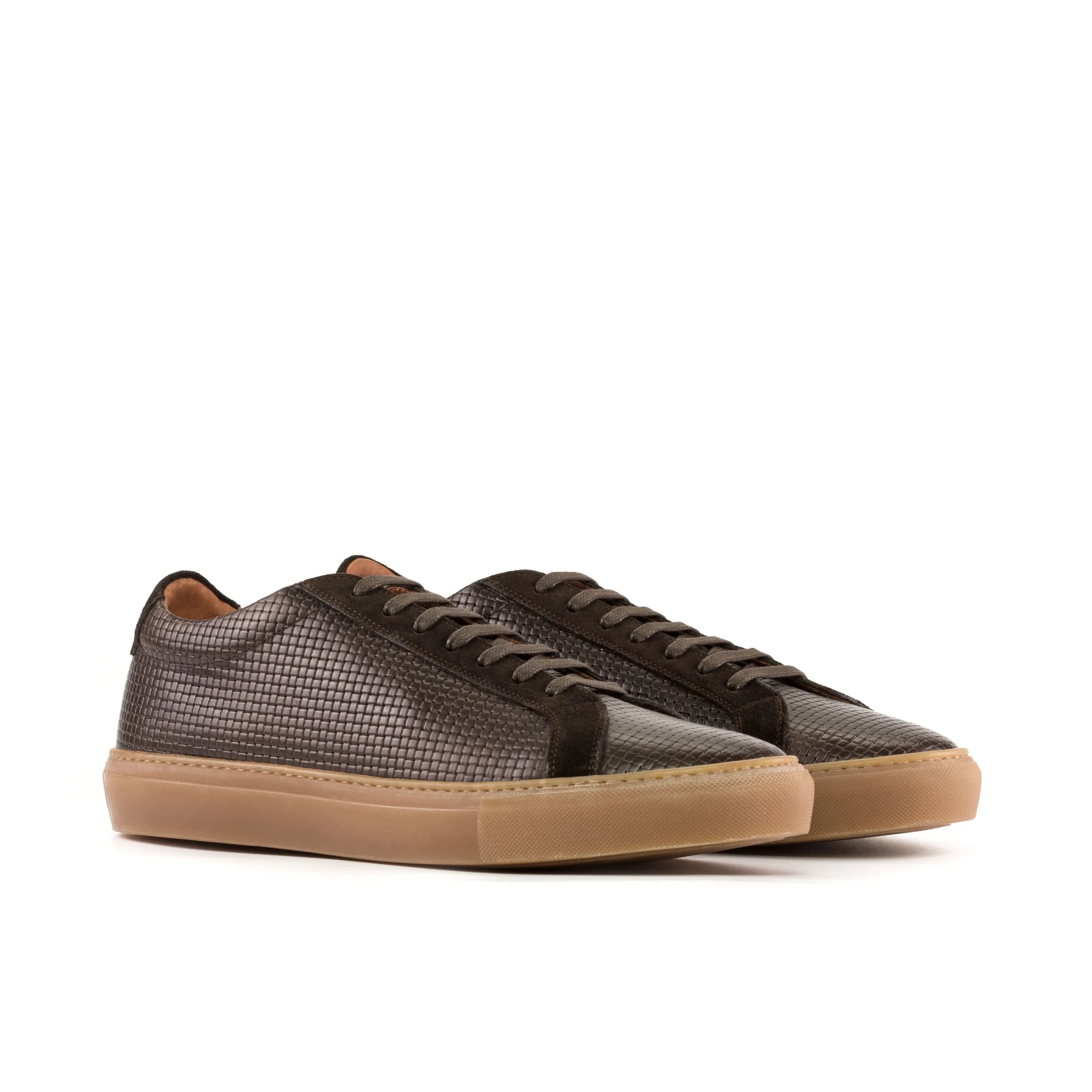 Brown woven leather sneakers, stylish DuranDruan low kick sneaker in dark brown