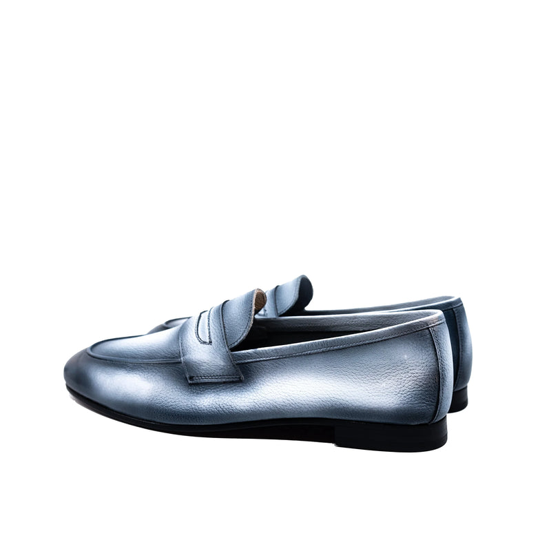 Dymo Flex Slip On Shoes II: silver metallic loafers with leather strap, buckle, and flexible rubber sole