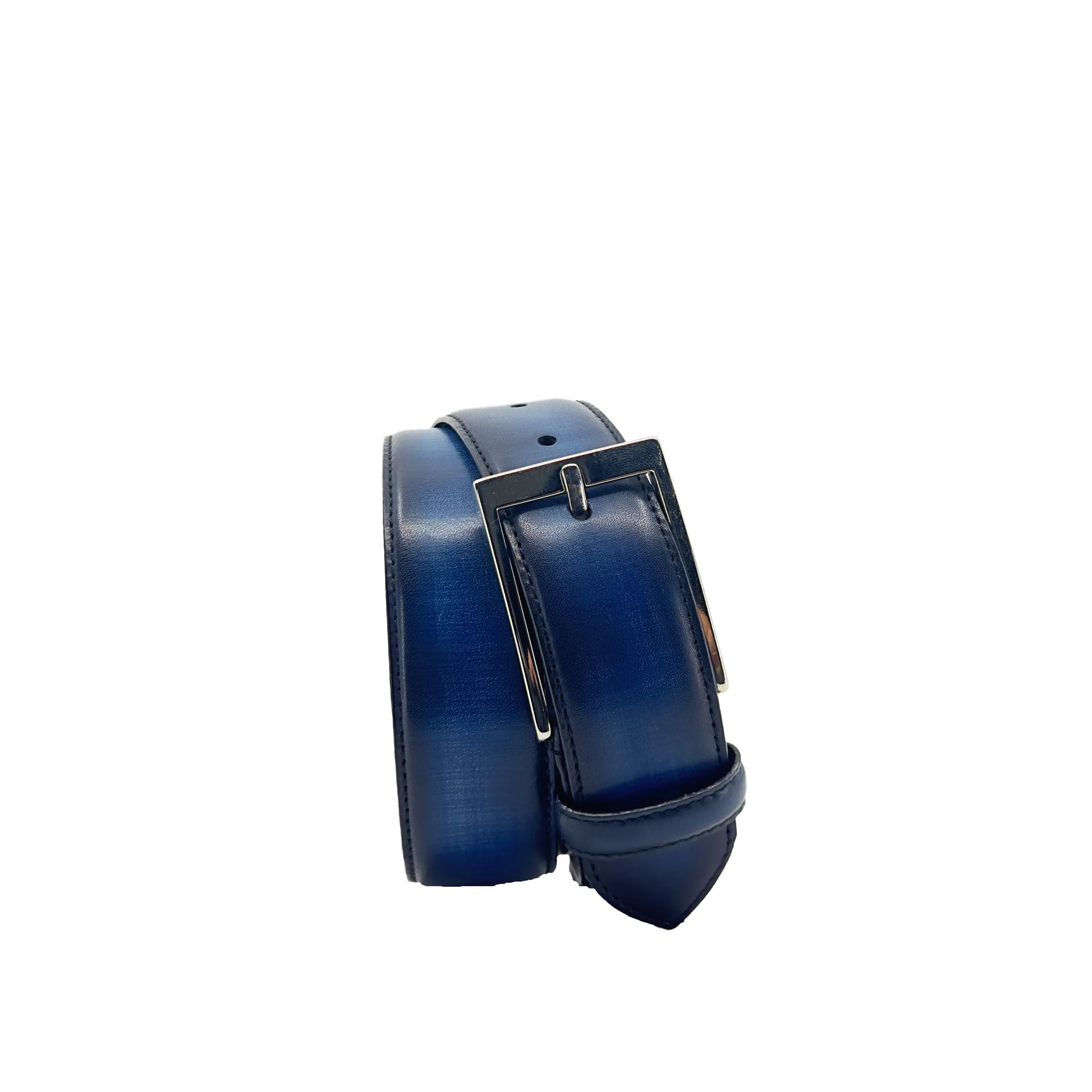Blue leather Dyno Patina Hamptons Belt featuring a stylish silver buckle