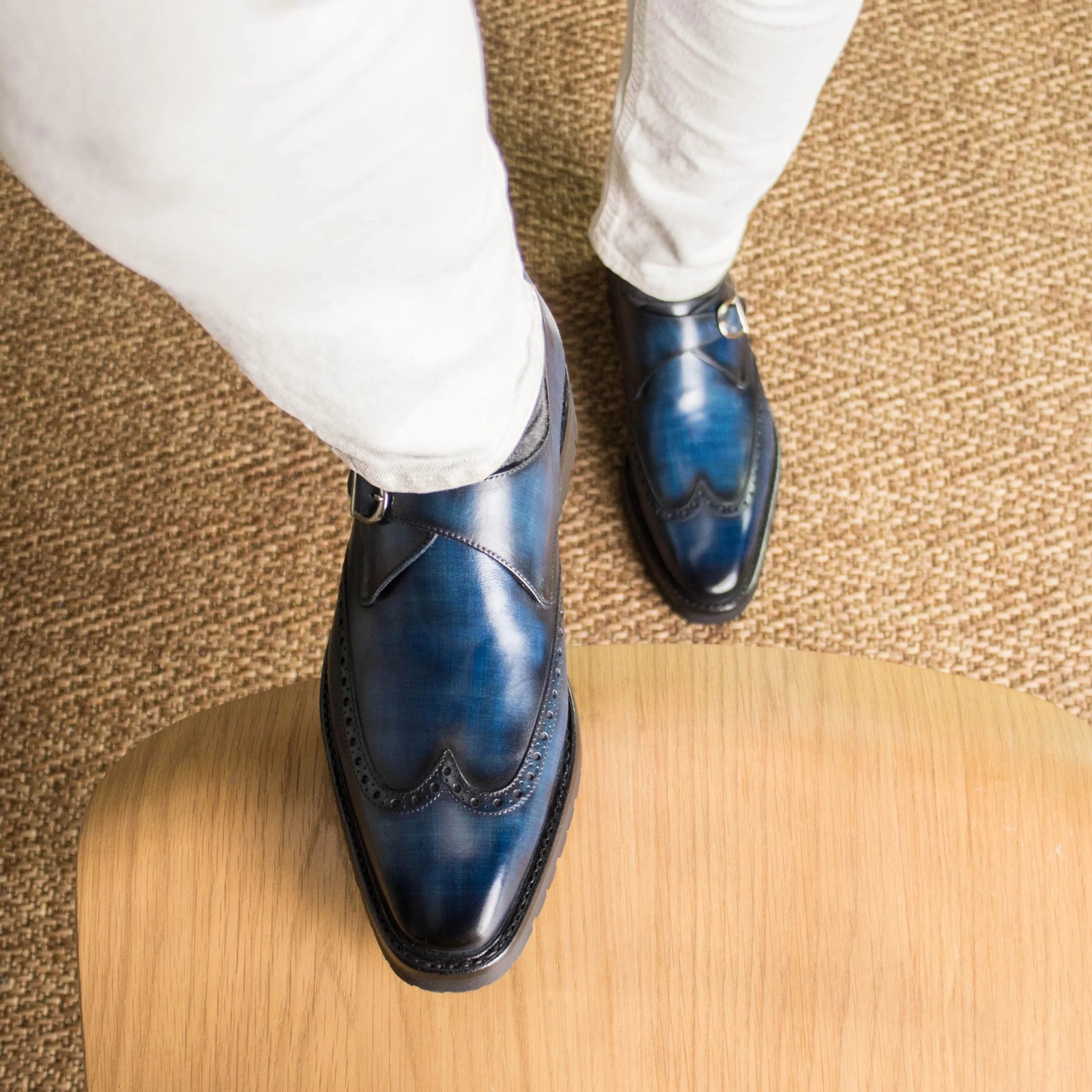 Blue leather Dyno Patina Single Monk strap shoes displayed on a sleek surface