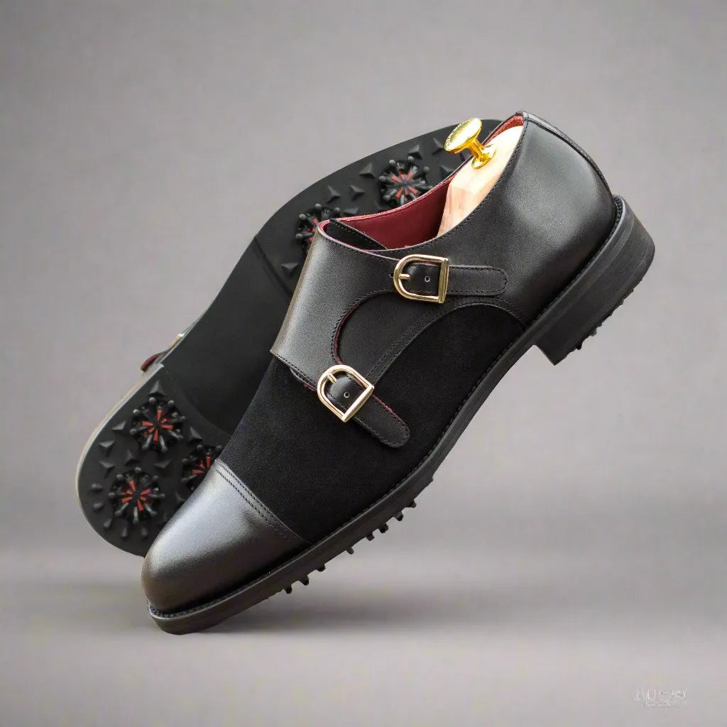 Black leather and suede double monk strap Eagle Golf Shoes for a stylish golfing experience