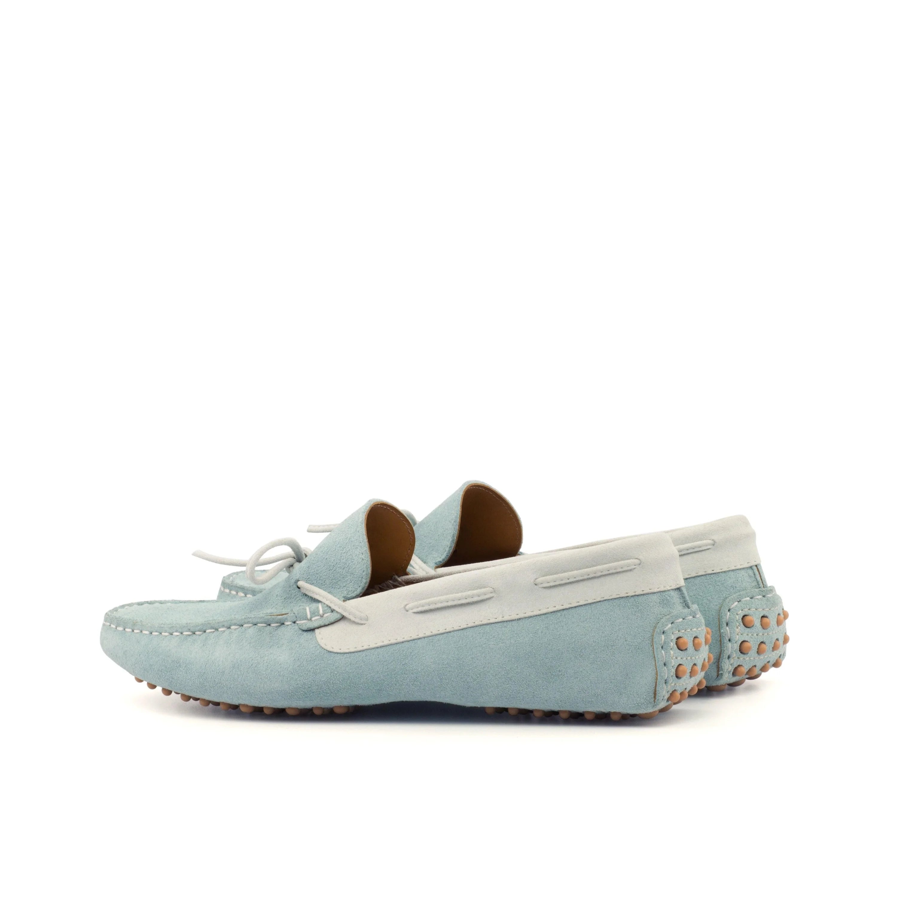 Egypt Driver II: Light blue suede loafers with white accents