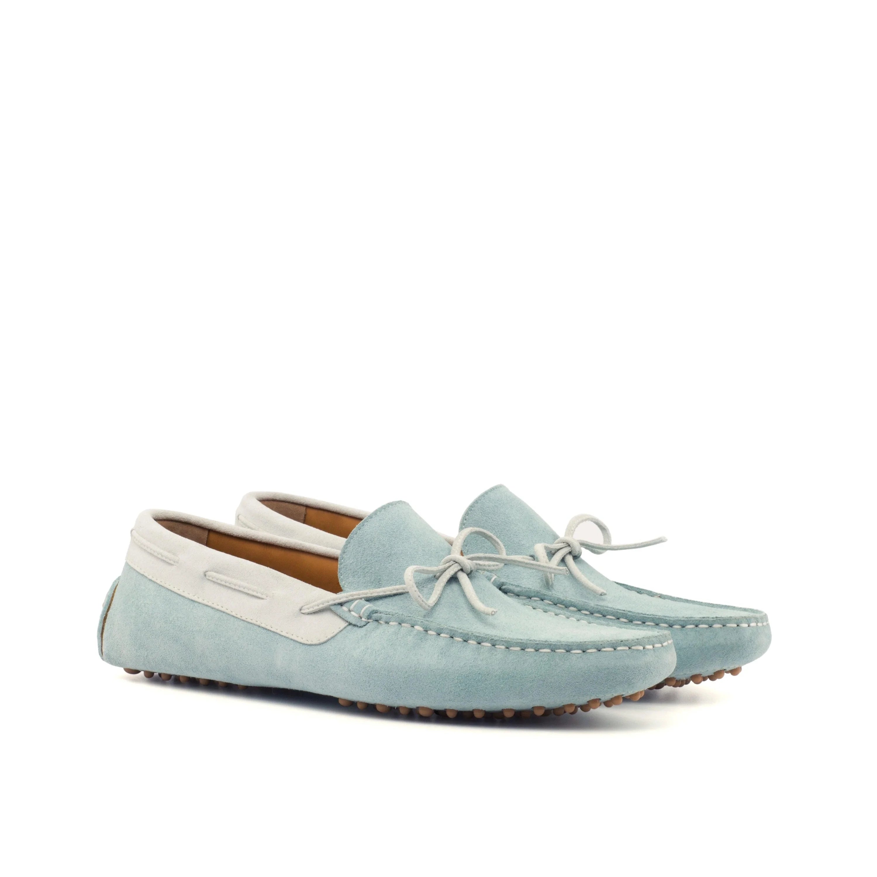 Egypt Driver II light blue suede loafers with white accents and brown soles