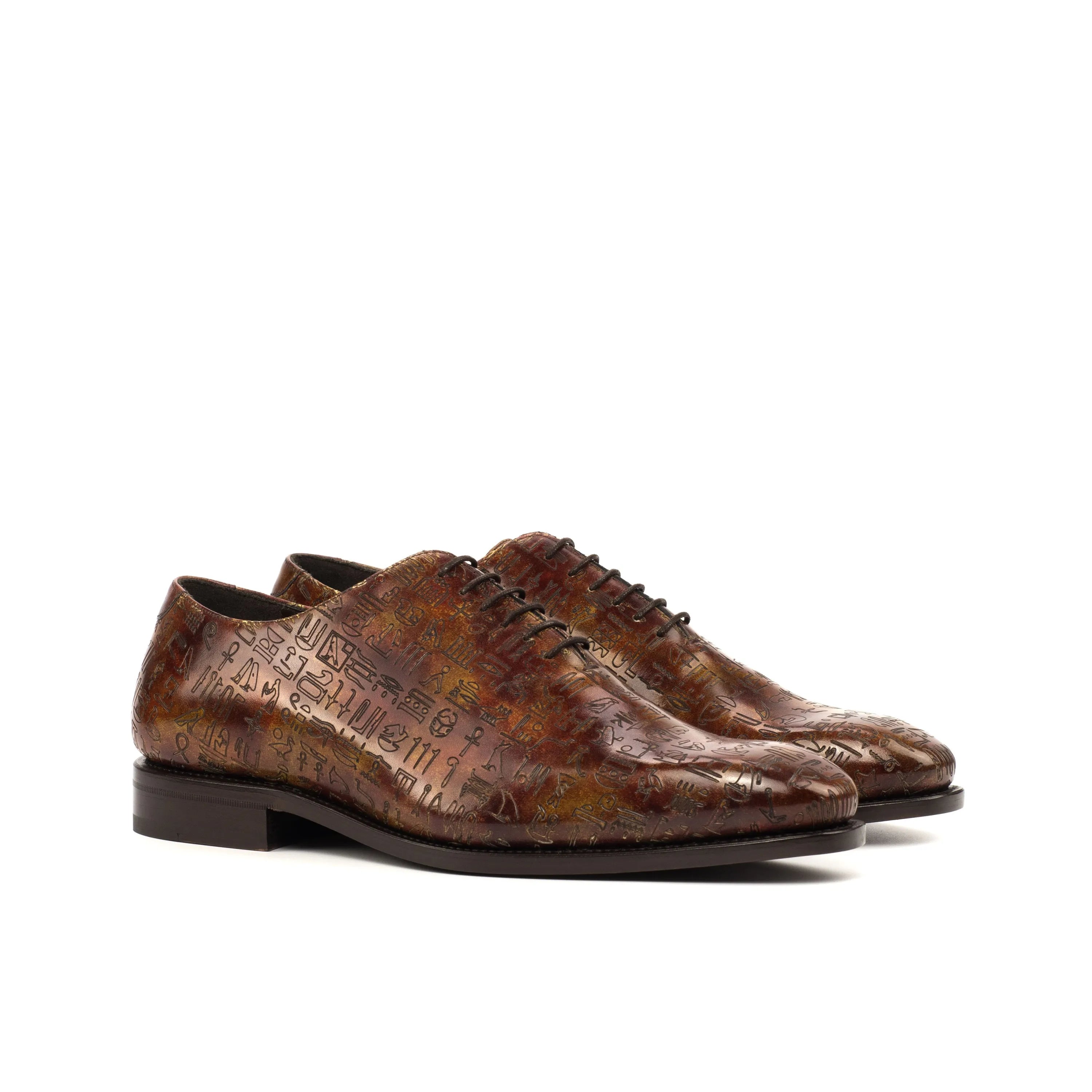 Brown leather Egyptian Patina Wholecut Shoes II with hieroglyphic pattern and chisel toe