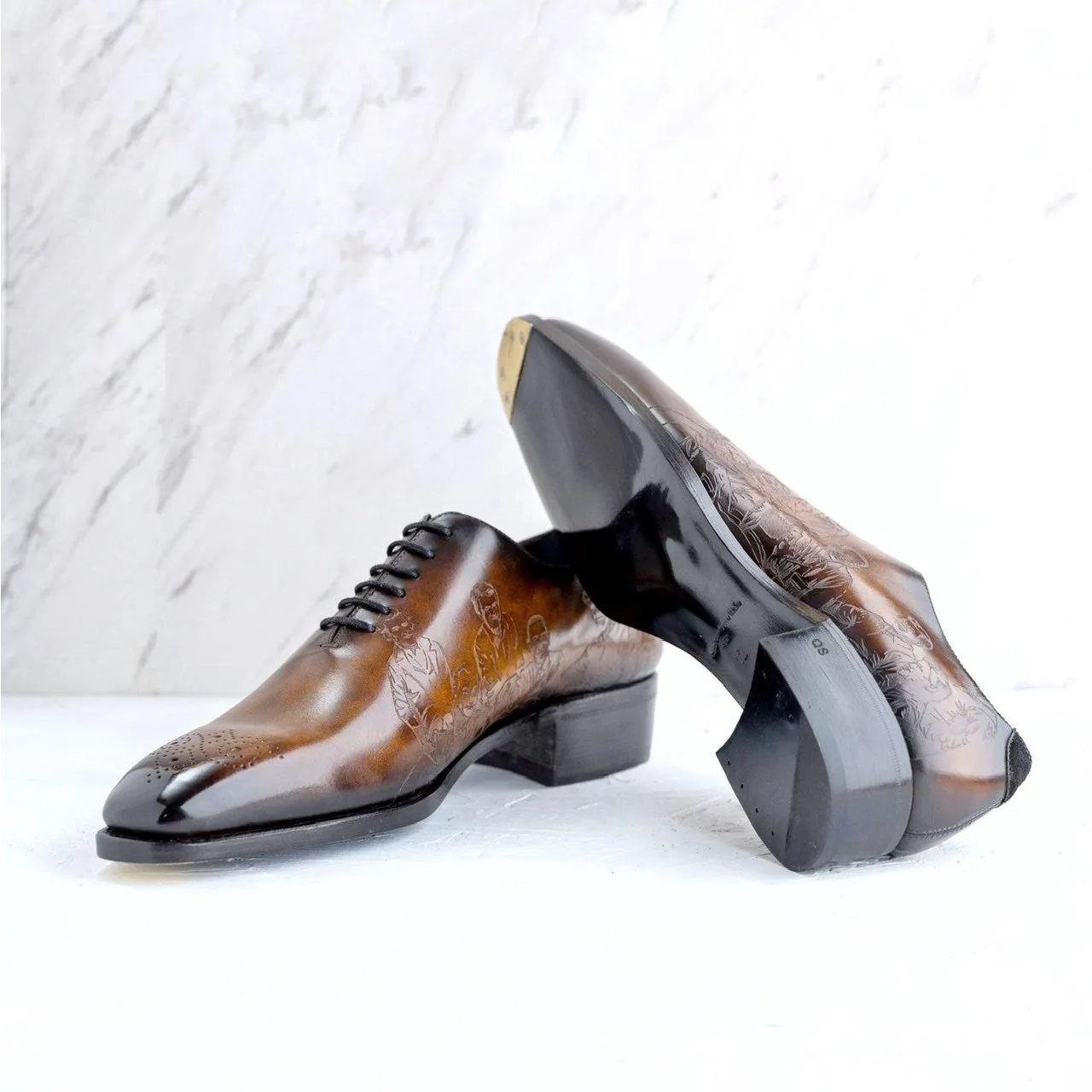 Brown leather dress shoes, El President Patina Whole Cut, crafted from Italian crust leather