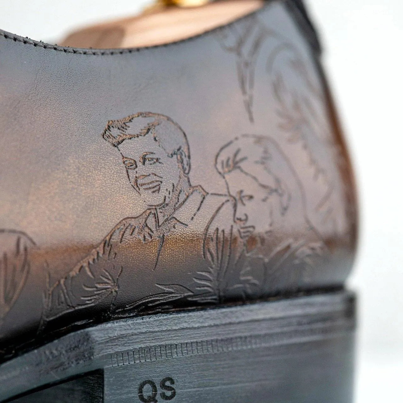 El President Patina Whole Cut Shoes in Italian Crust Leather with engraved portraits