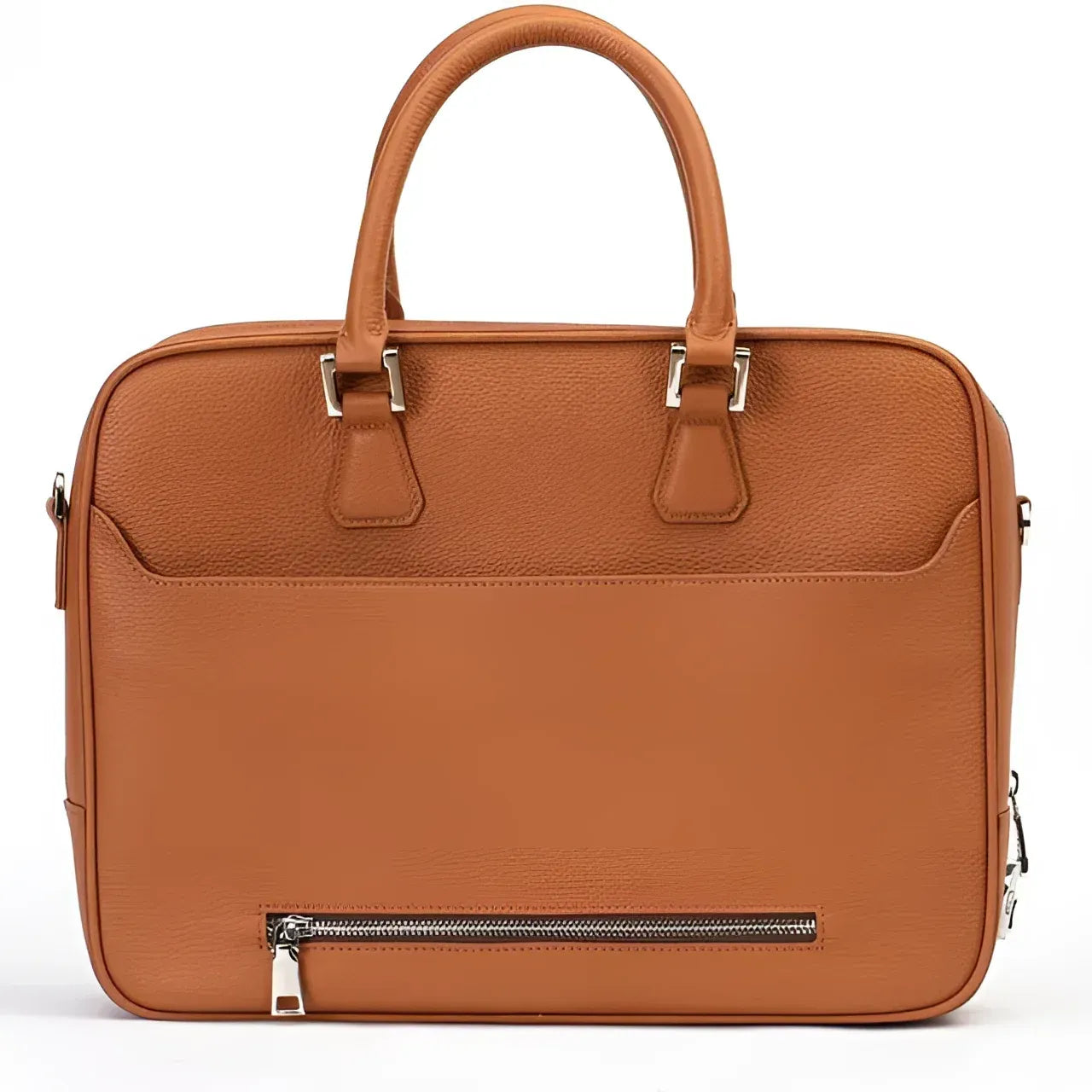 Brown leather Elandro Satchel Briefcase featuring elegant silver hardware