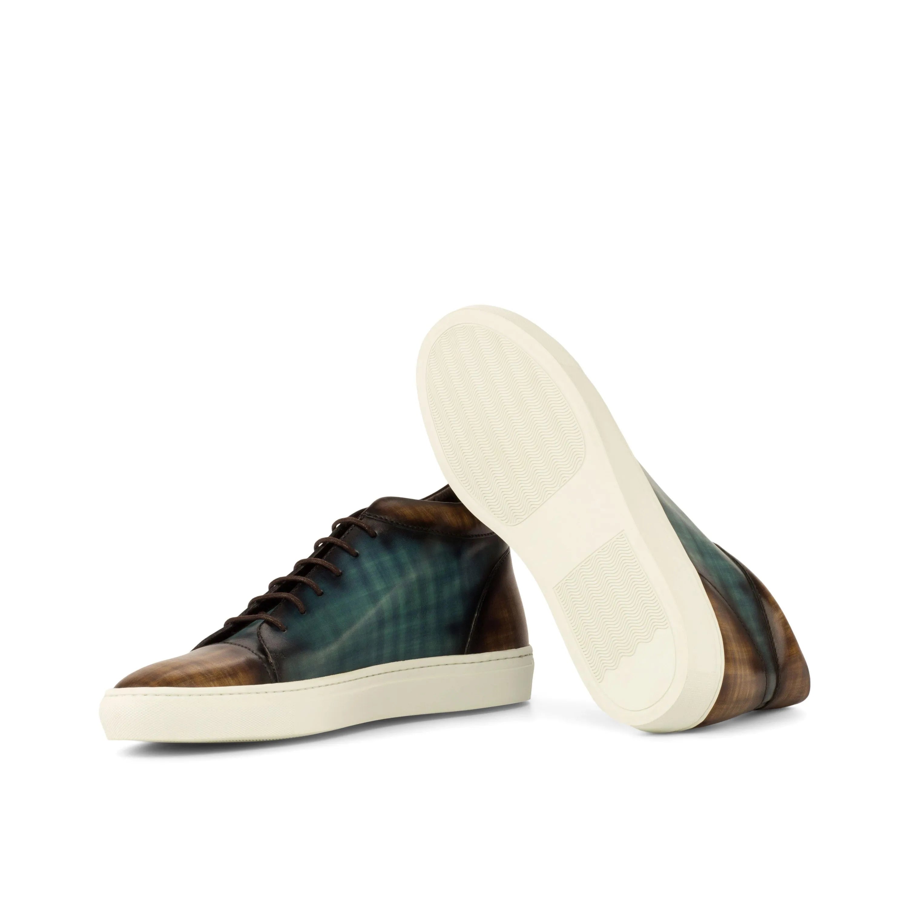 Brown and green Elano Patina high top sneakers displayed in a stylish arrangement