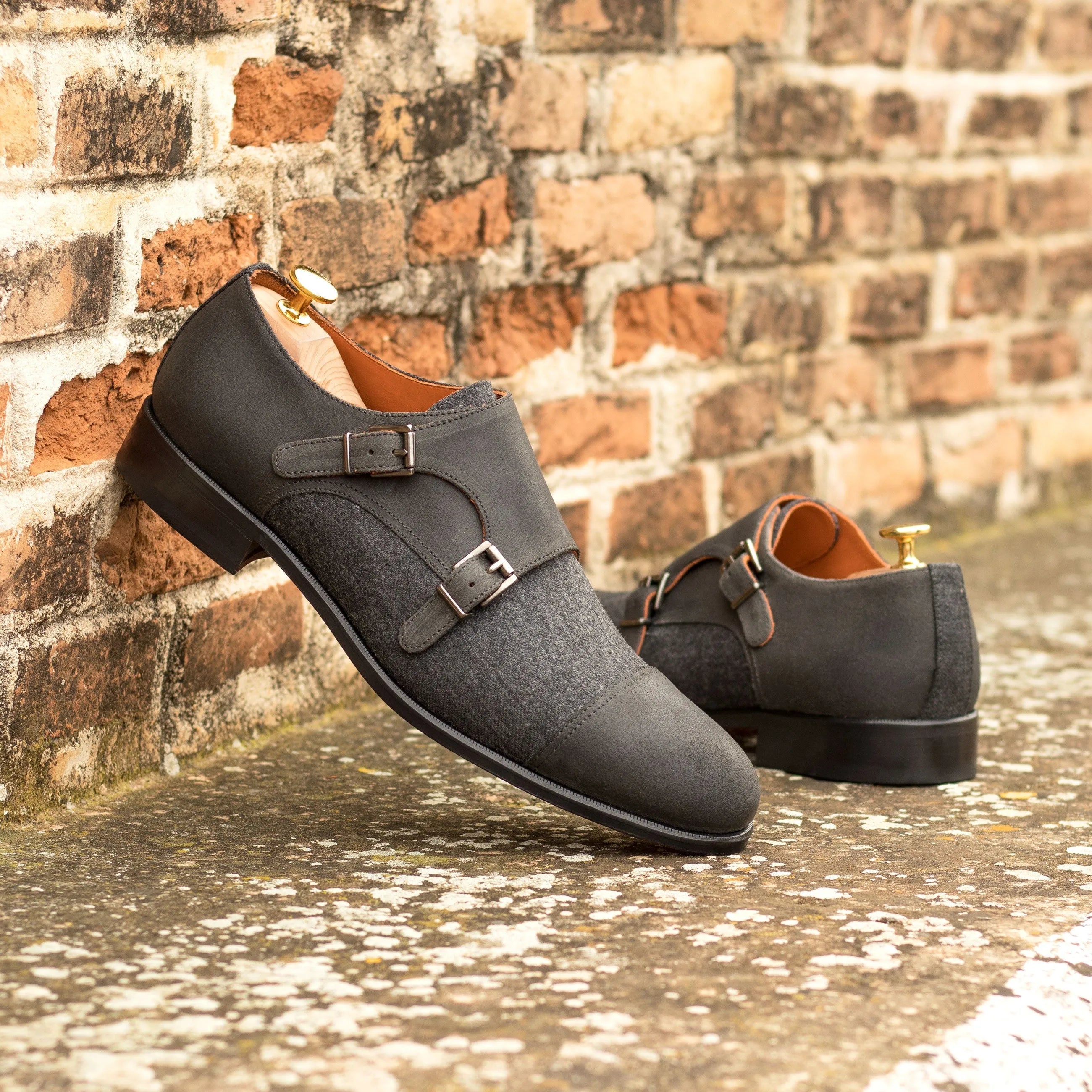 Black leather and gray wool Elegancia Double Monk shoes showcasing exquisite double monk patina