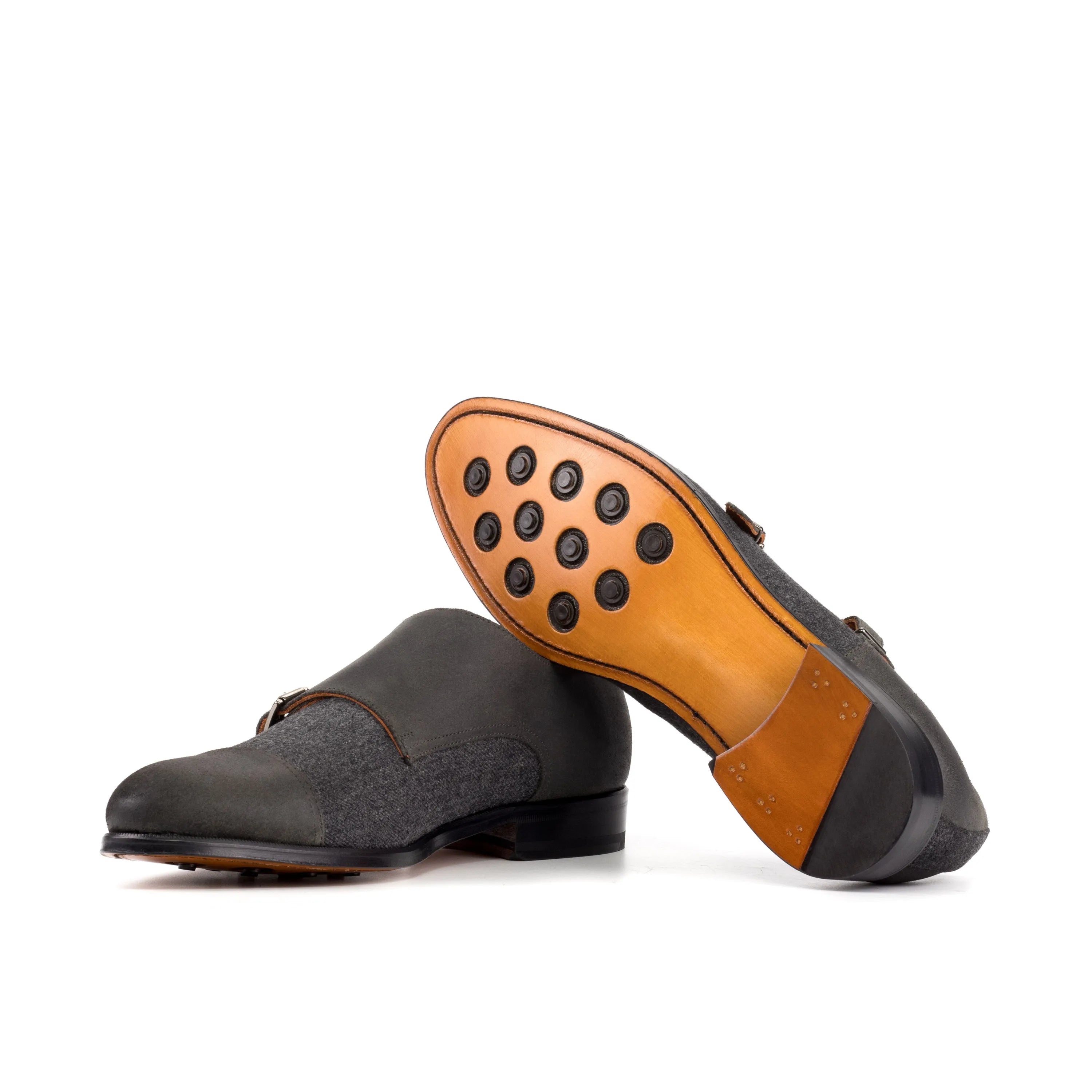 Gray leather and tweed Elegancia Double Monk shoes featuring double monk patina design