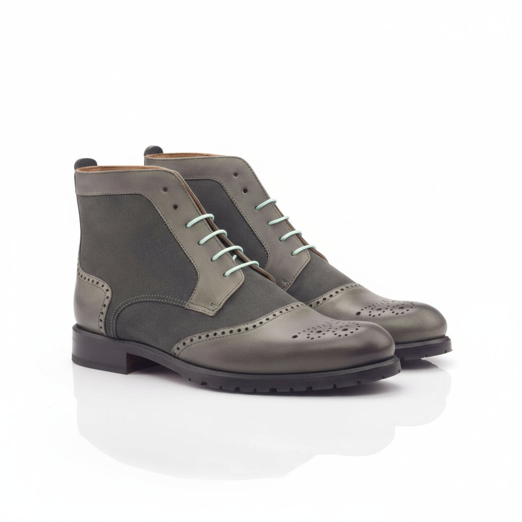 Gray leather wingtip boots from the Elizabeth Ladies Brogue collection