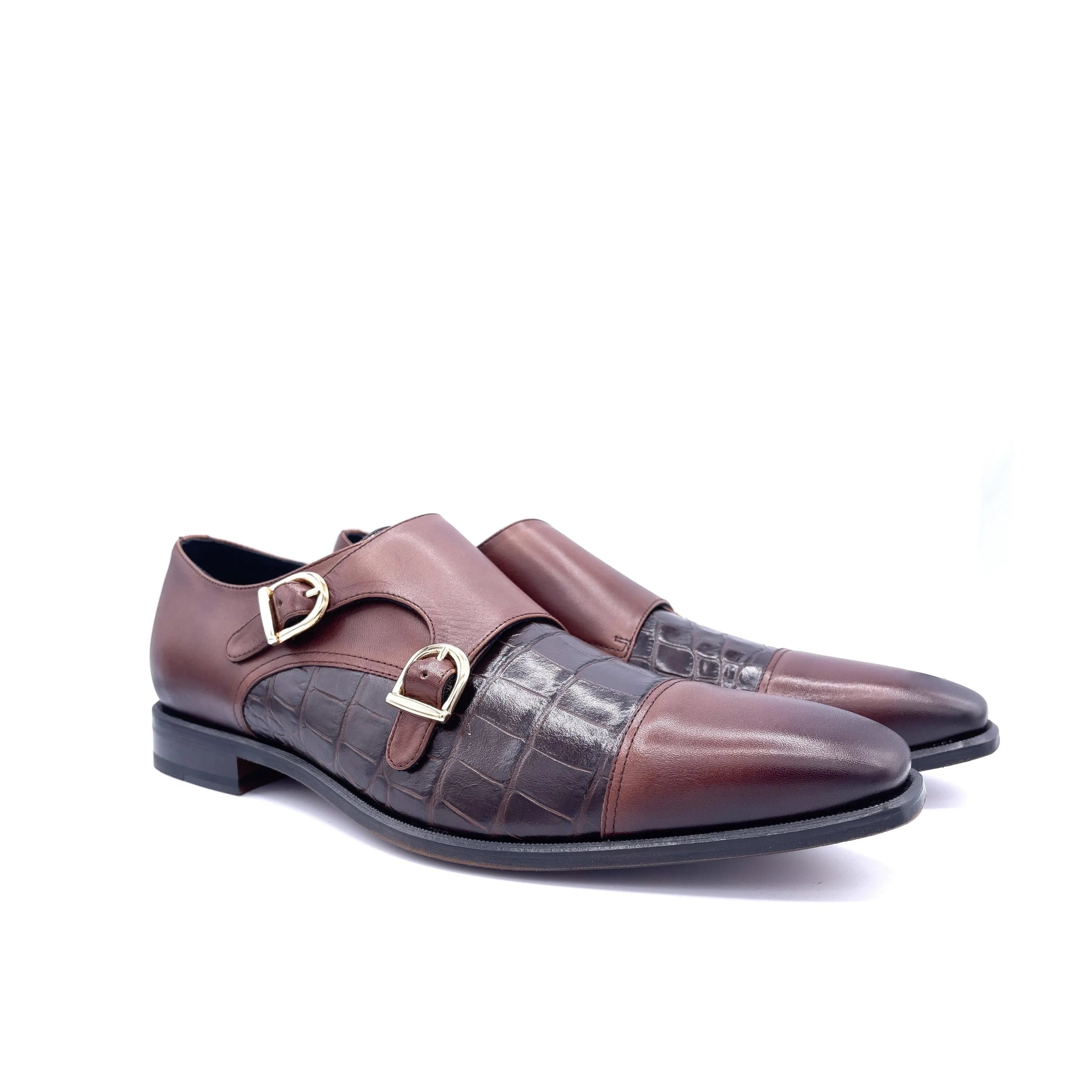 Brown leather Emperor Double Monk shoes featuring a stylish double monk strap design