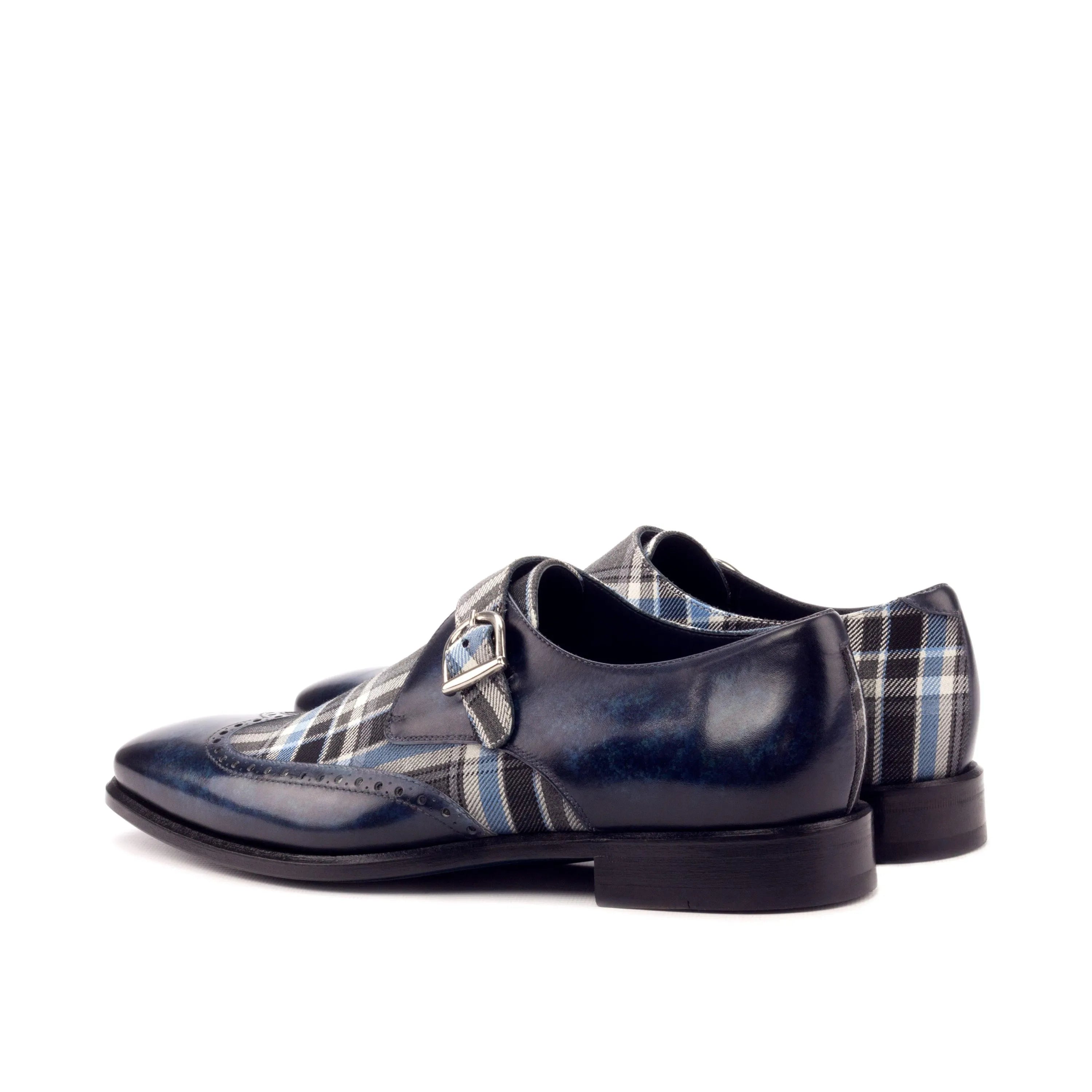 Blue leather and plaid Empire Single Monk Patina shoes for stylish formal wear