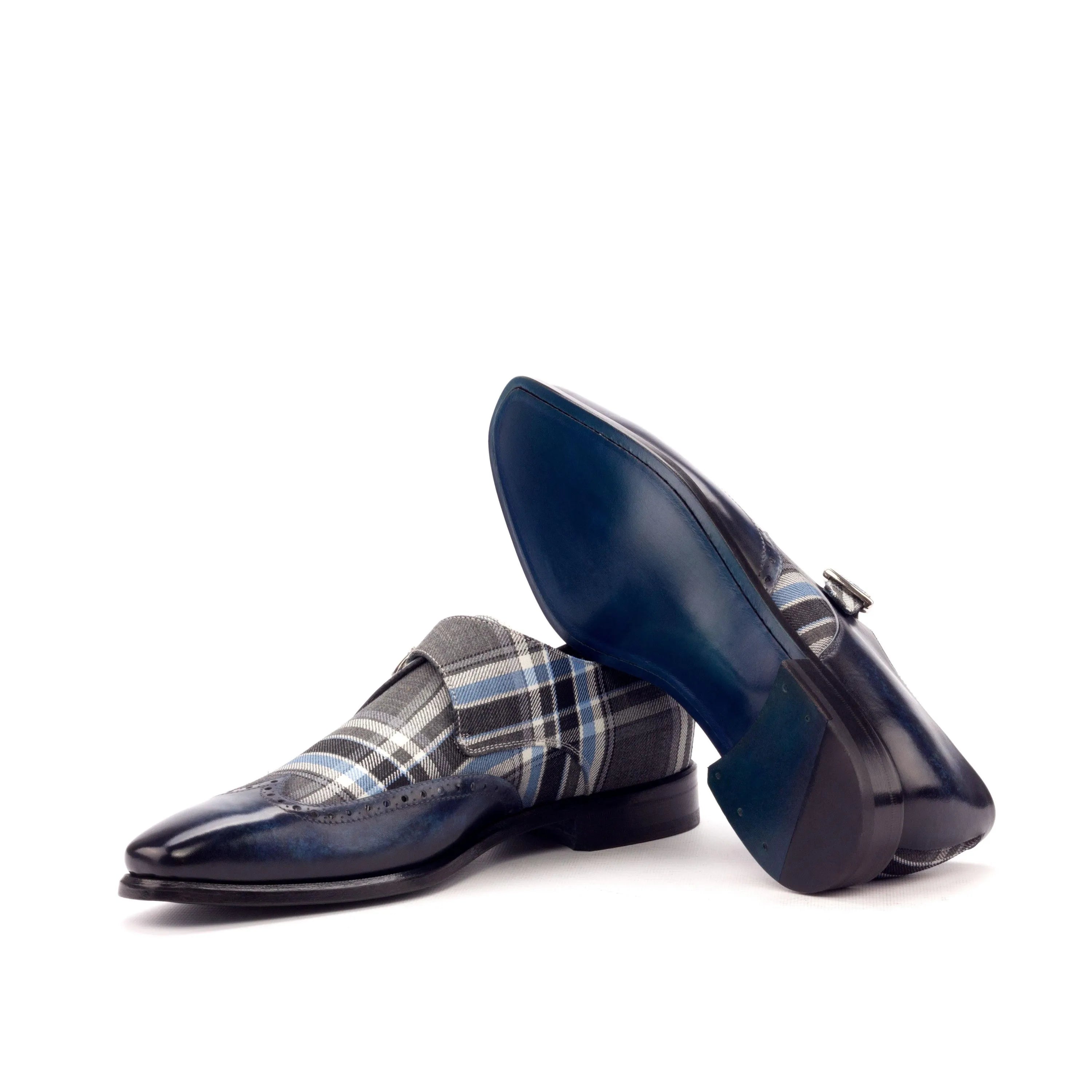 Blue and plaid monk strap shoes from the Empire Single Monk Patina collection