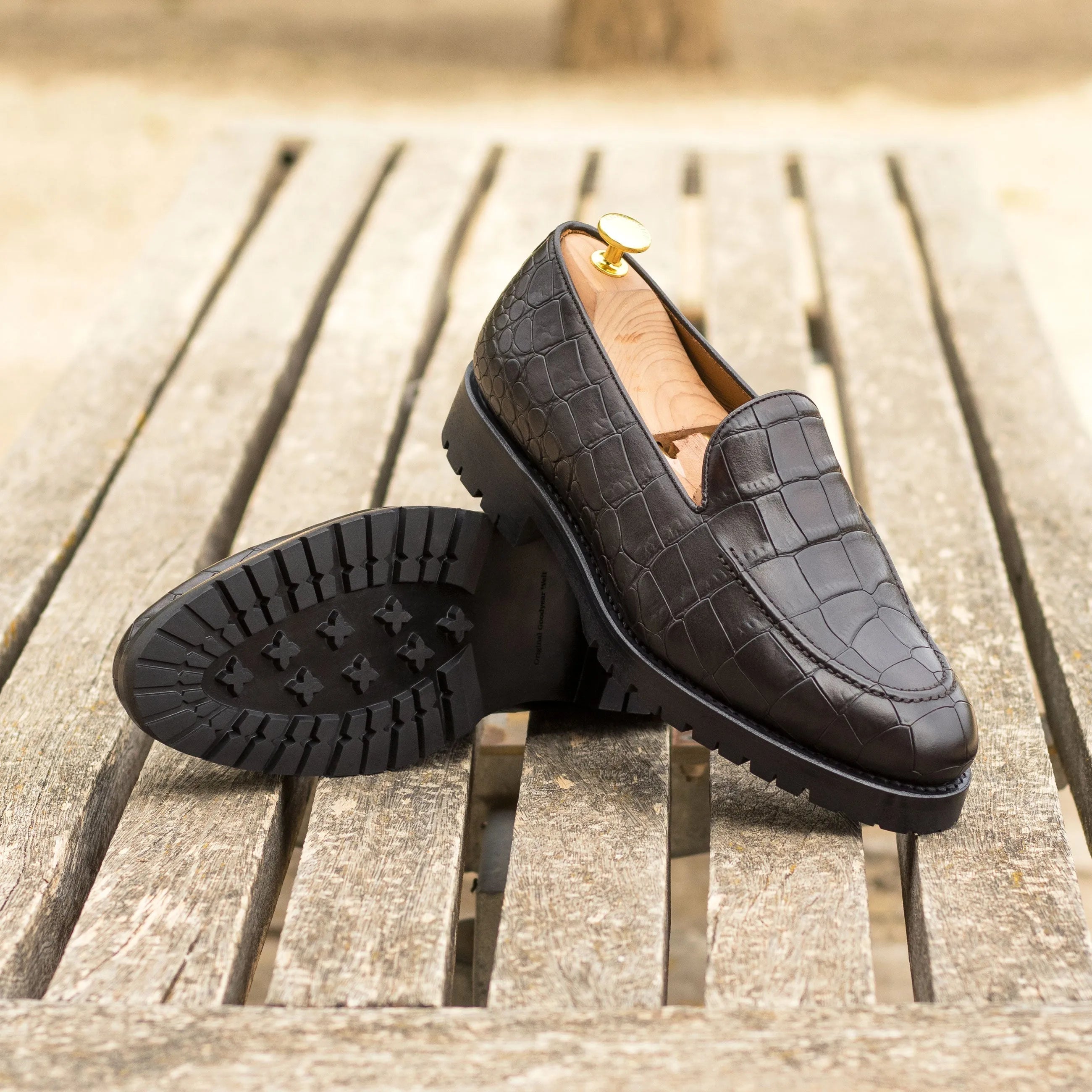 Black crocodile-patterned leather Empress Loafers, a luxury bespoke shoe for men